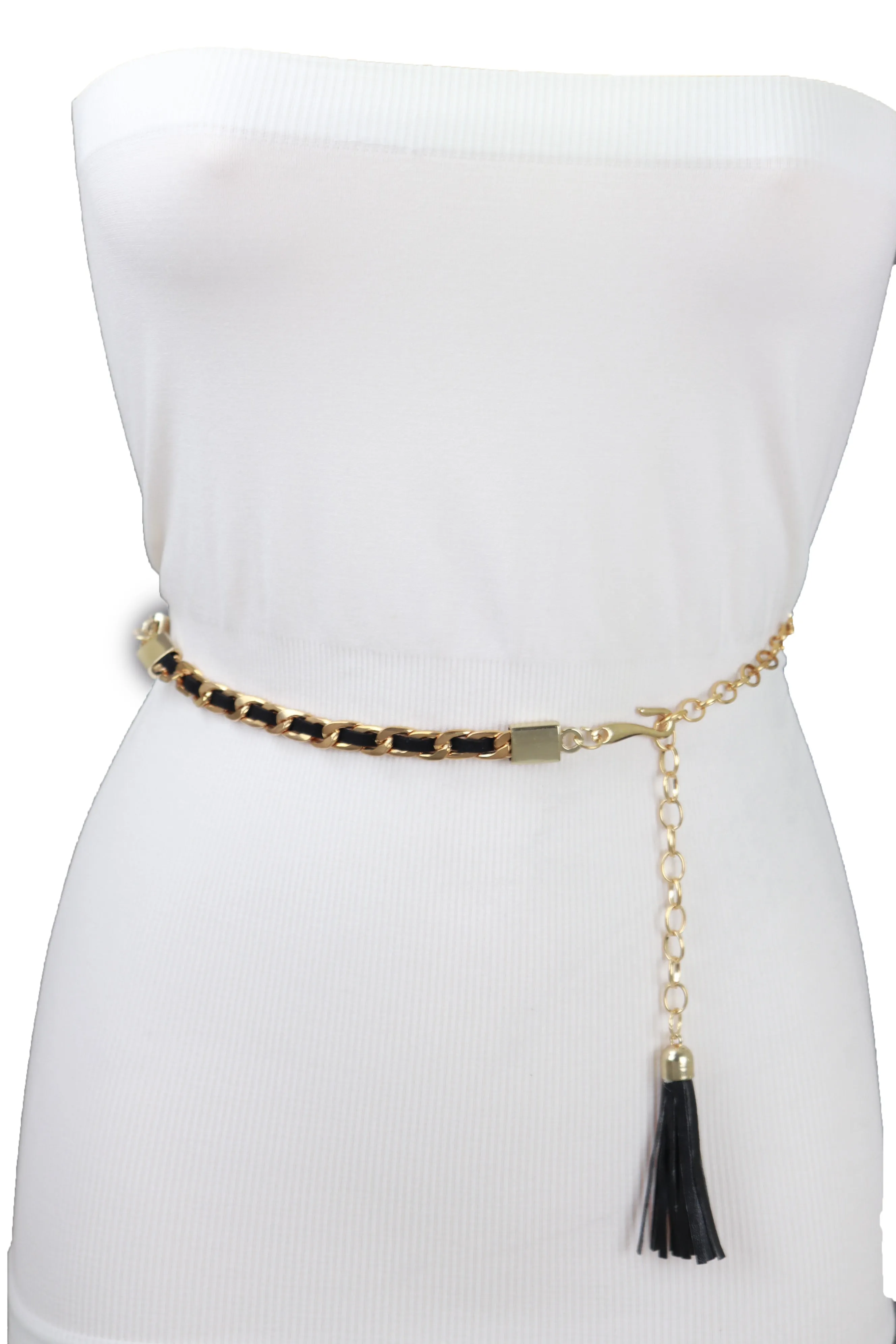 Black Tassel Skinny Waistband Belt Gold Metal Chain Links M L