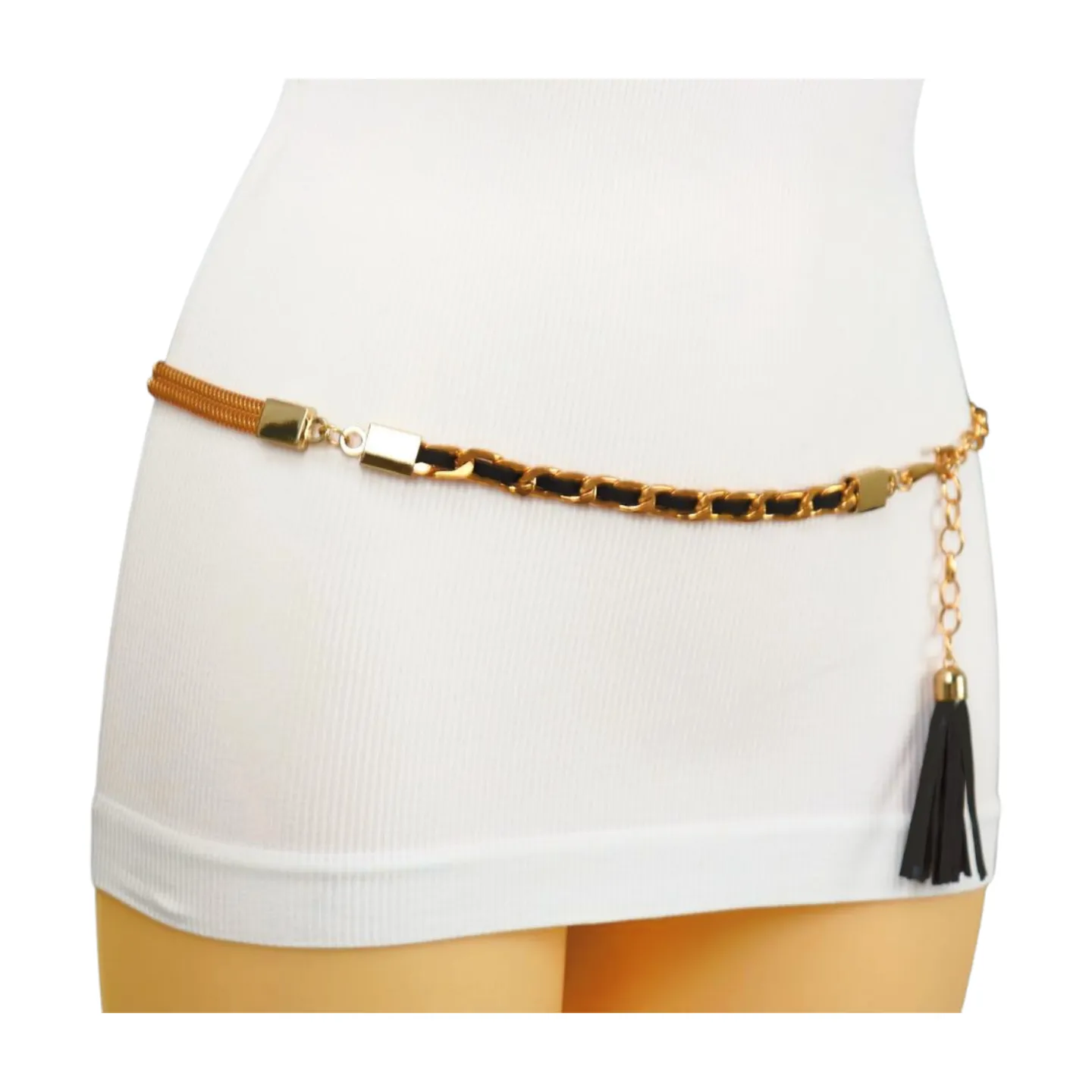 Black Tassel Skinny Waistband Belt Gold Metal Chain Links M L