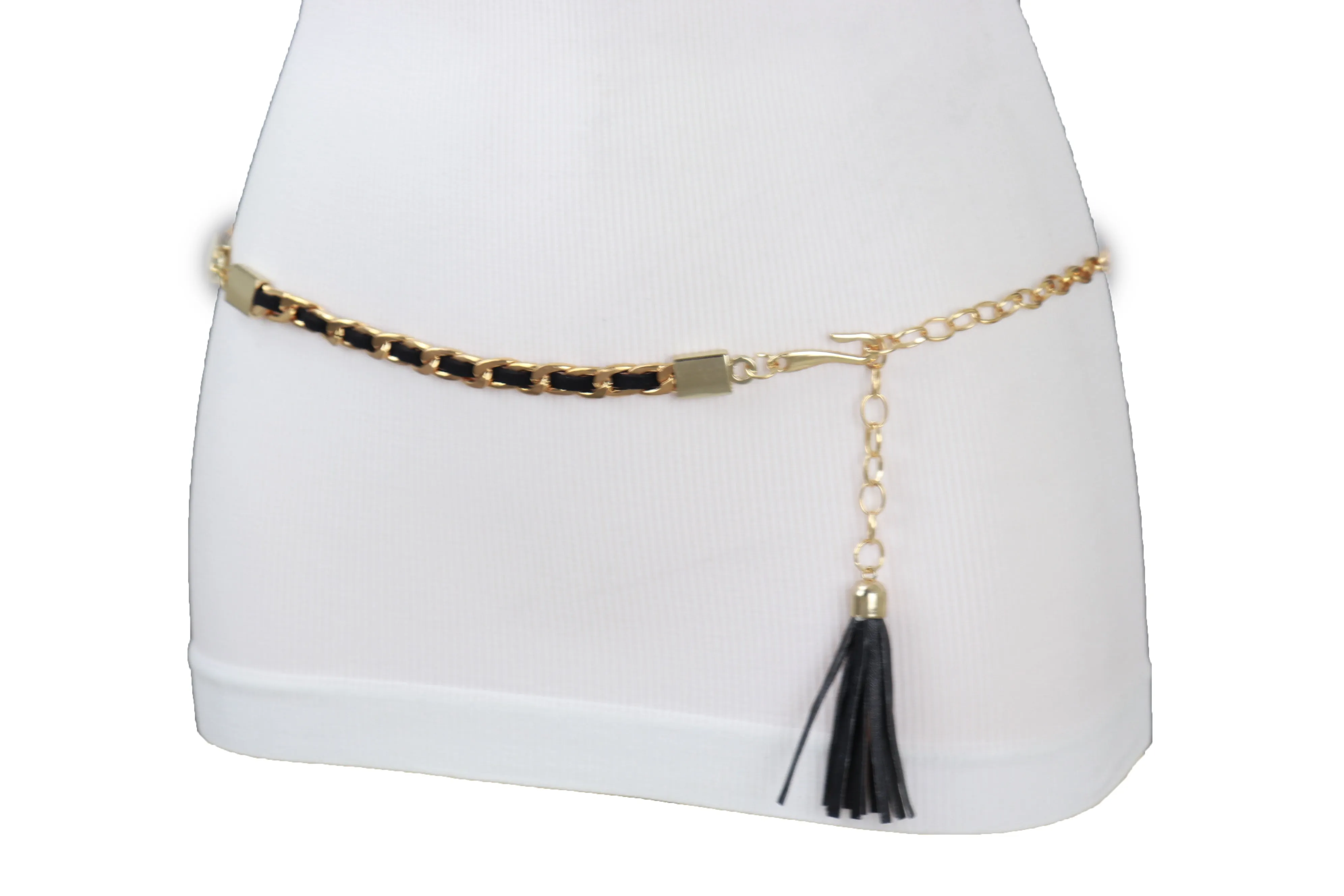 Black Tassel Skinny Waistband Belt Gold Metal Chain Links M L