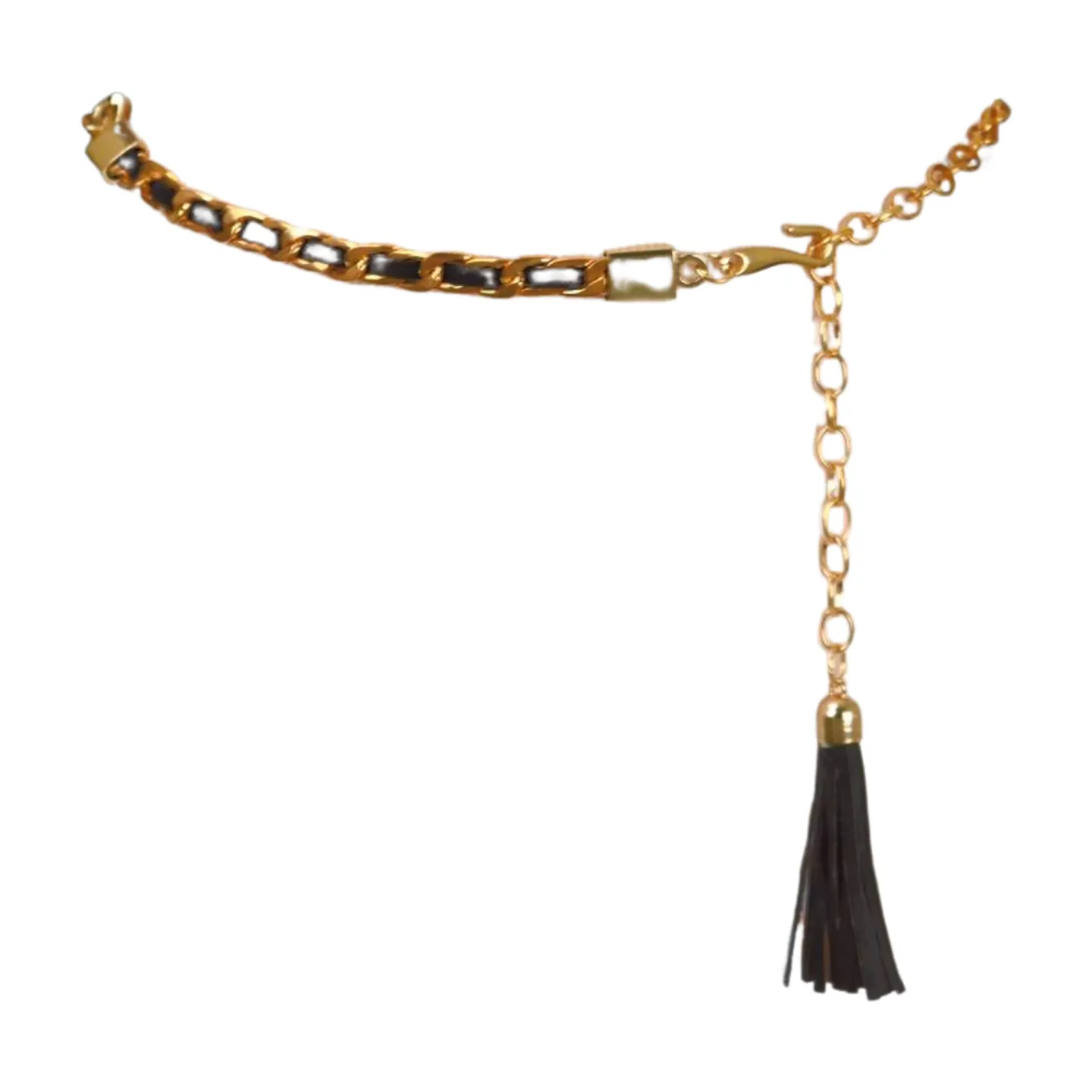 Black Tassel Skinny Waistband Belt Gold Metal Chain Links M L