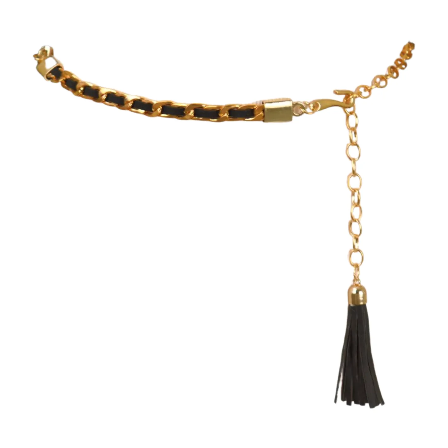 Black Tassel Skinny Waistband Belt Gold Metal Chain Links M L