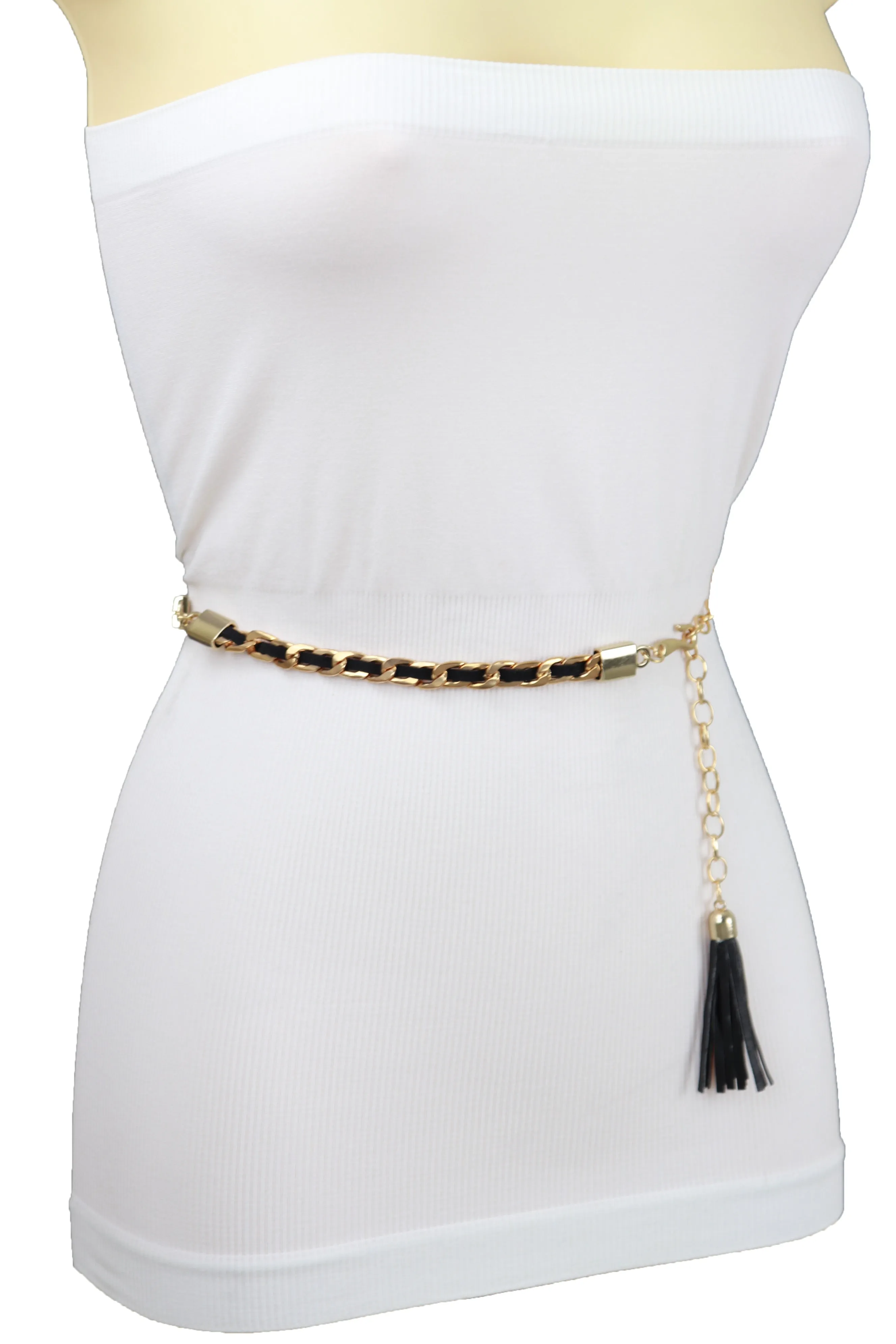 Black Tassel Skinny Waistband Belt Gold Metal Chain Links M L