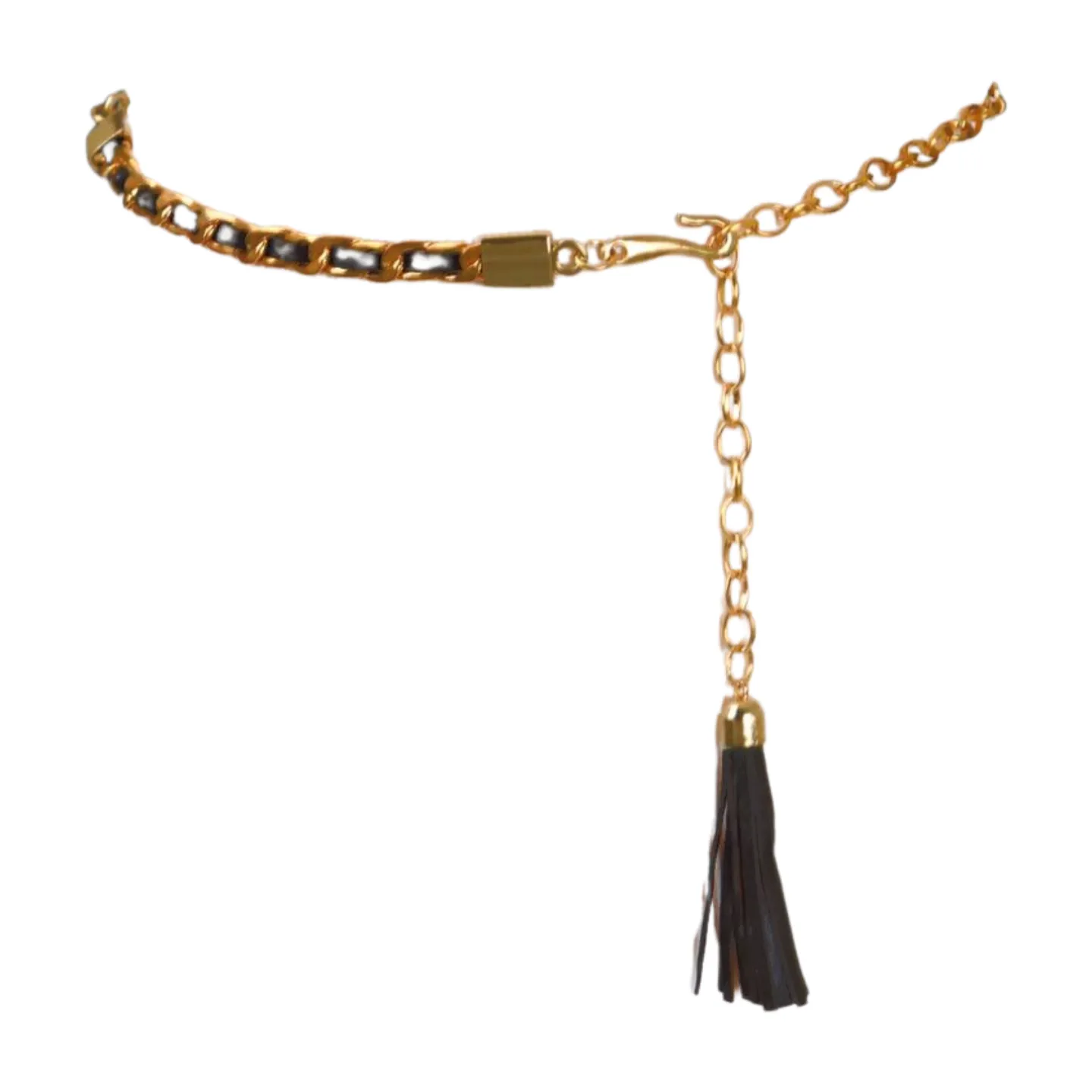 Black Tassel Skinny Waistband Belt Gold Metal Chain Links M L