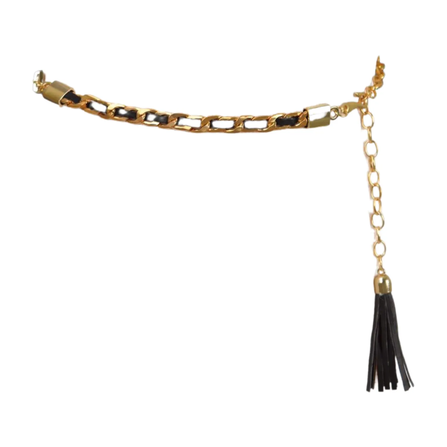 Black Tassel Skinny Waistband Belt Gold Metal Chain Links M L