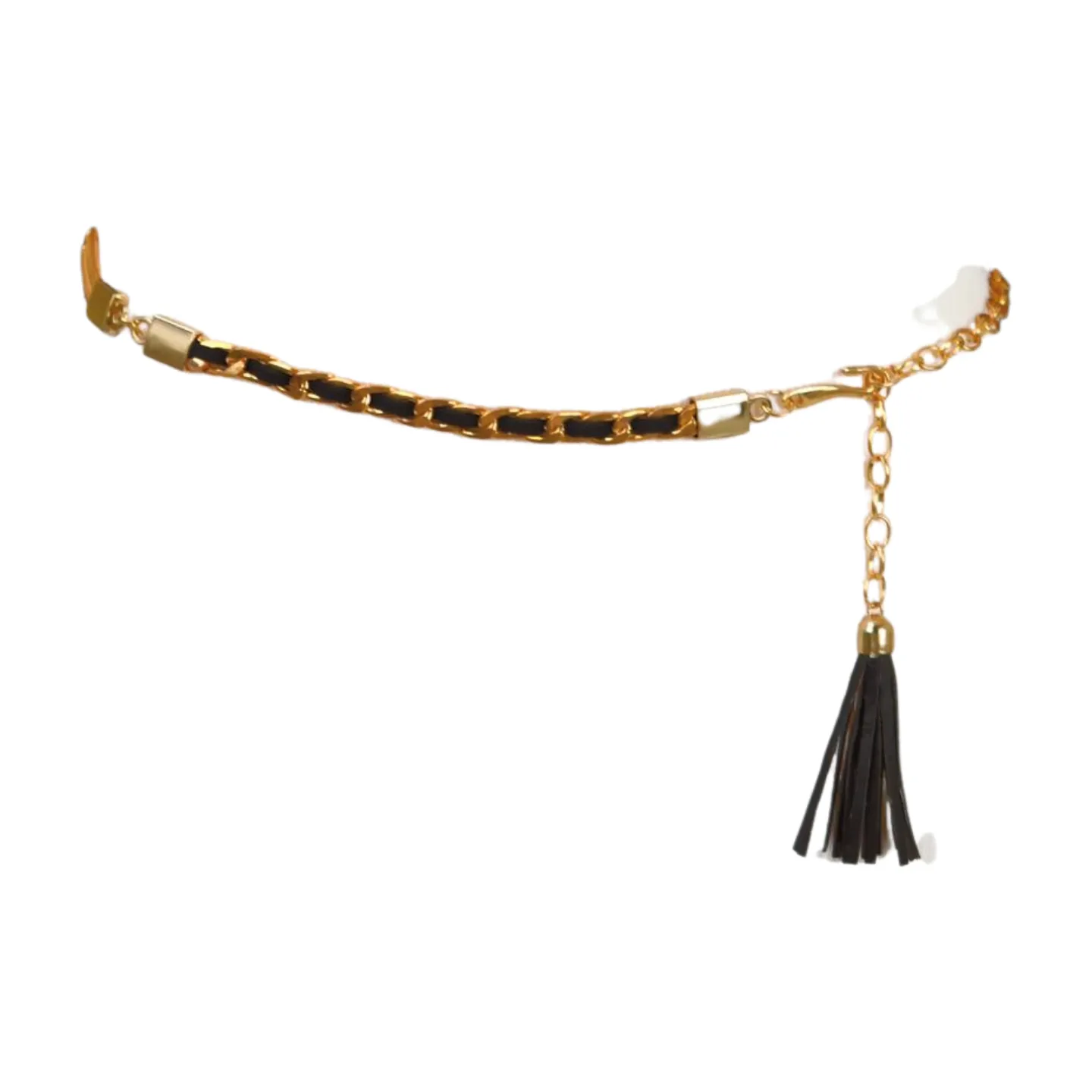 Black Tassel Skinny Waistband Belt Gold Metal Chain Links M L