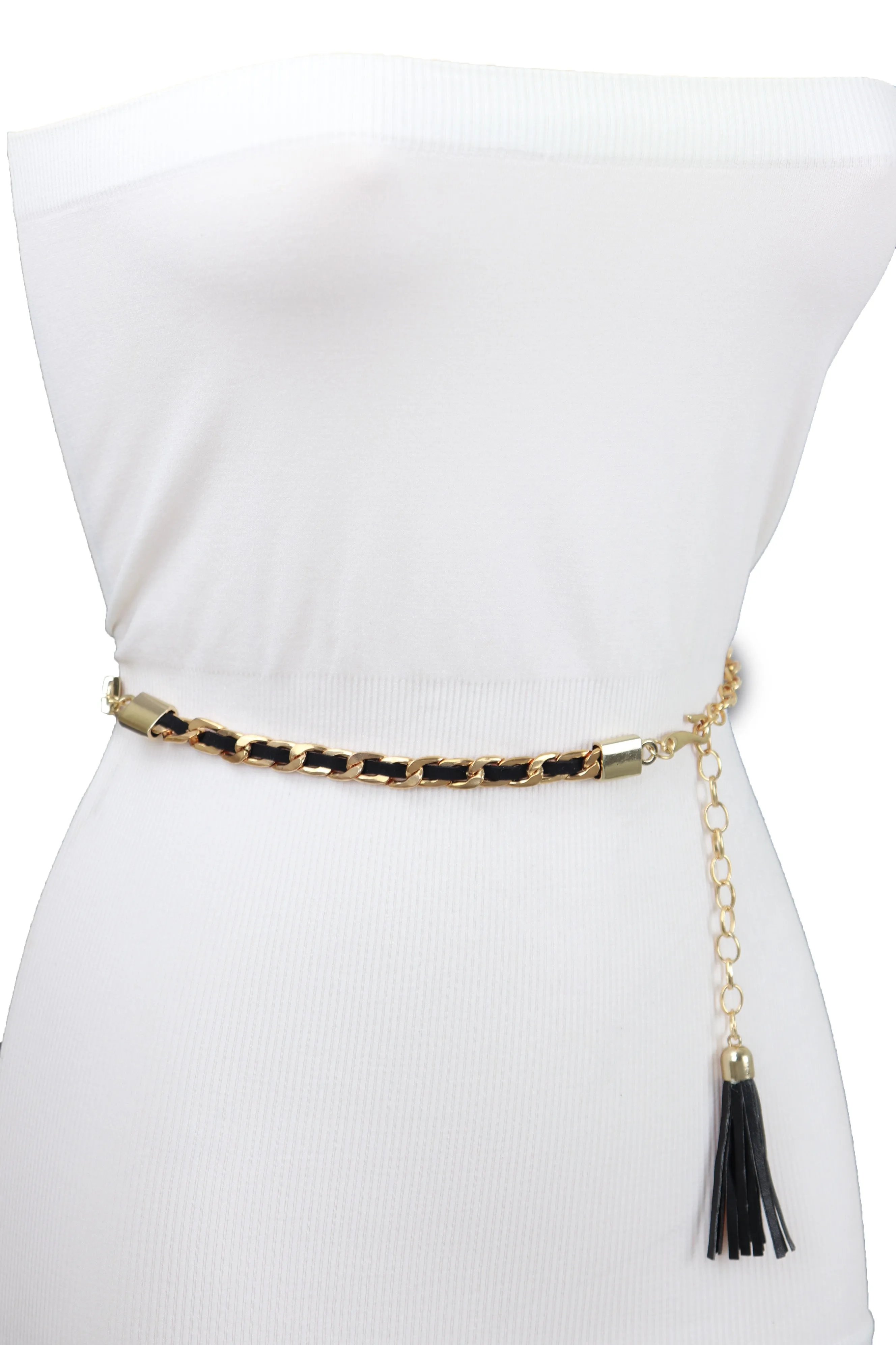 Black Tassel Skinny Waistband Belt Gold Metal Chain Links M L