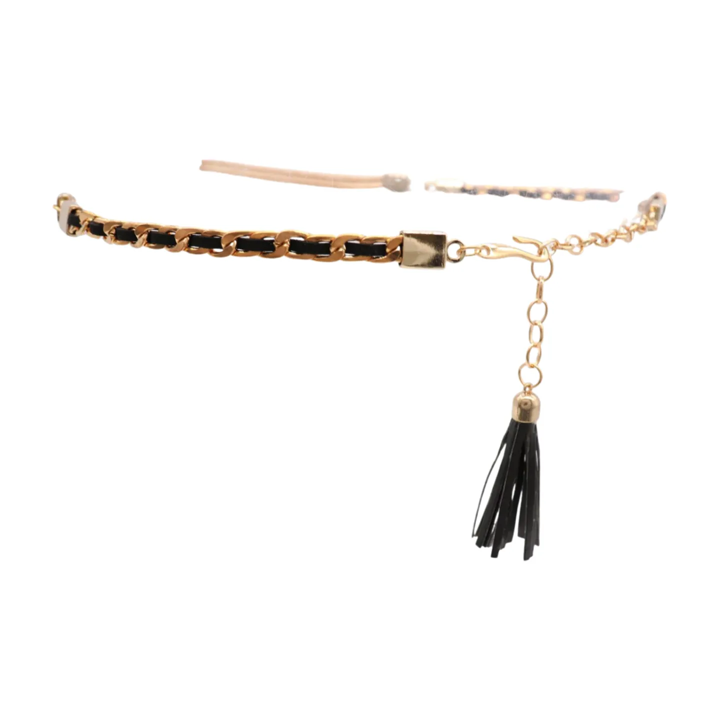 Black Tassel Skinny Waistband Belt Gold Metal Chain Links M L