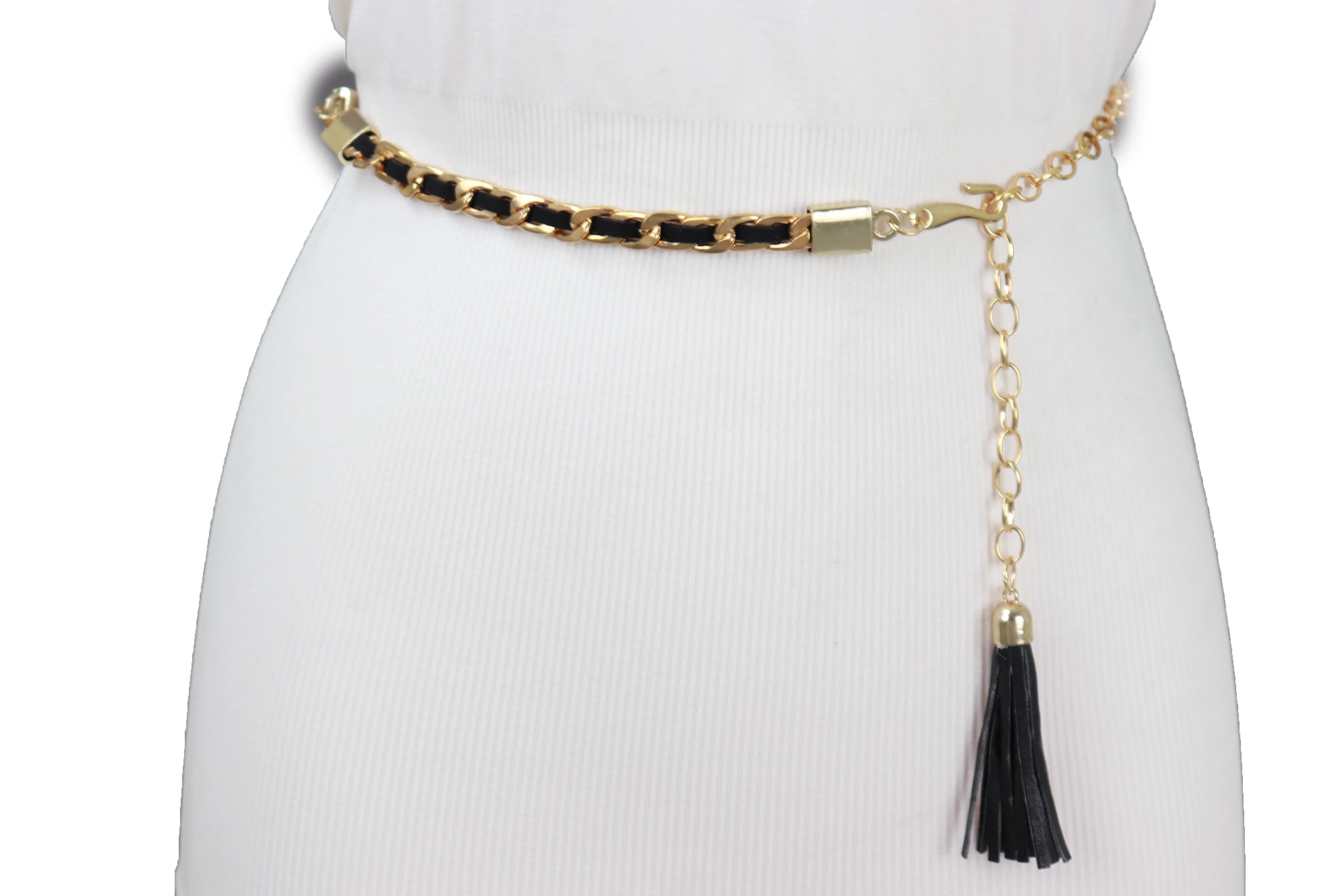 Black Tassel Skinny Waistband Belt Gold Metal Chain Links M L