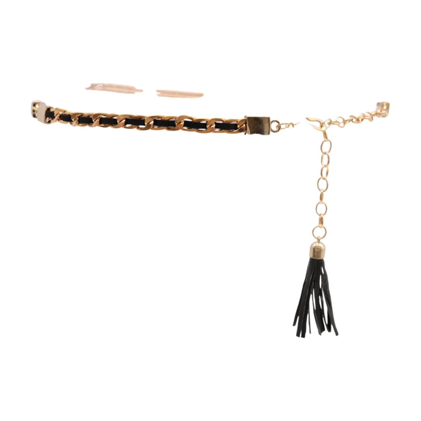 Black Tassel Skinny Waistband Belt Gold Metal Chain Links M L