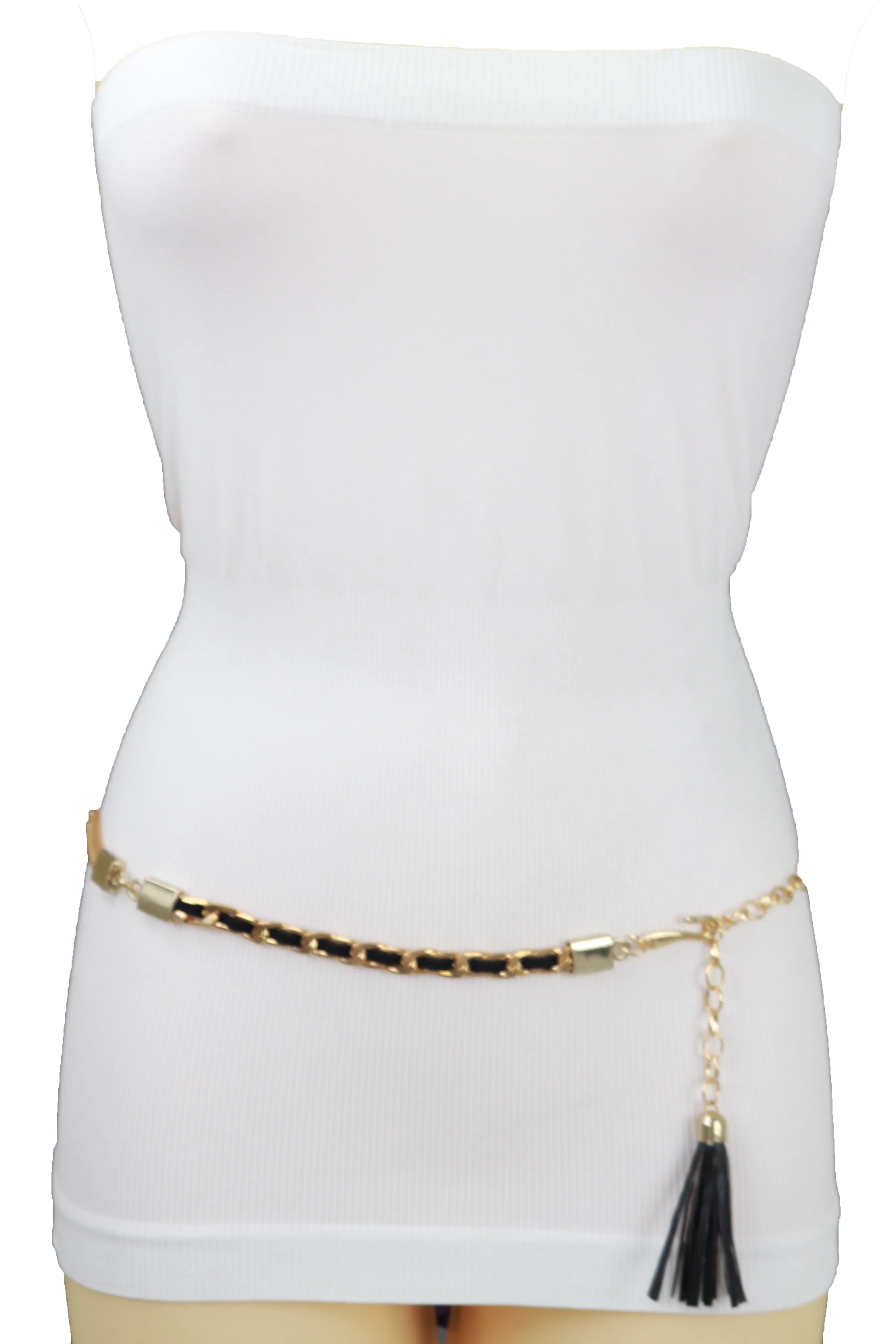 Black Tassel Skinny Waistband Belt Gold Metal Chain Links M L