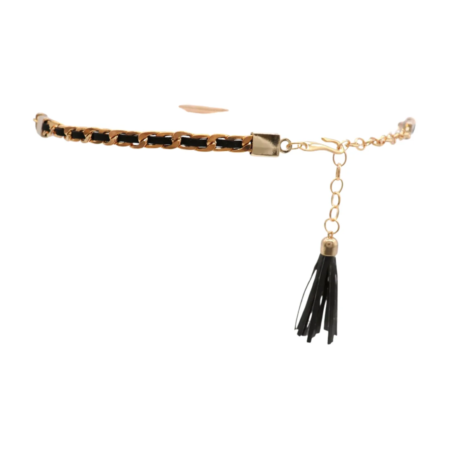 Black Tassel Skinny Waistband Belt Gold Metal Chain Links M L