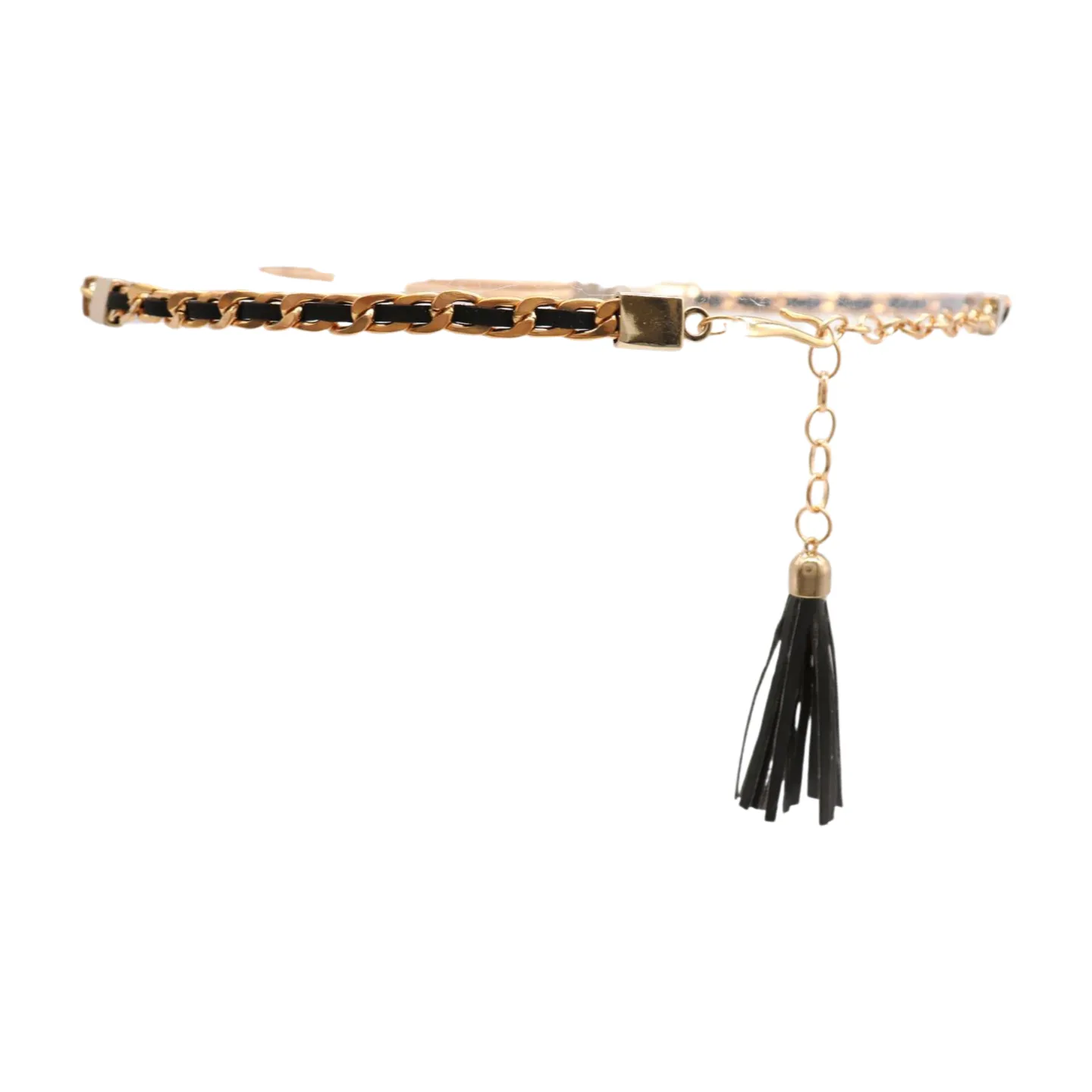 Black Tassel Skinny Waistband Belt Gold Metal Chain Links M L