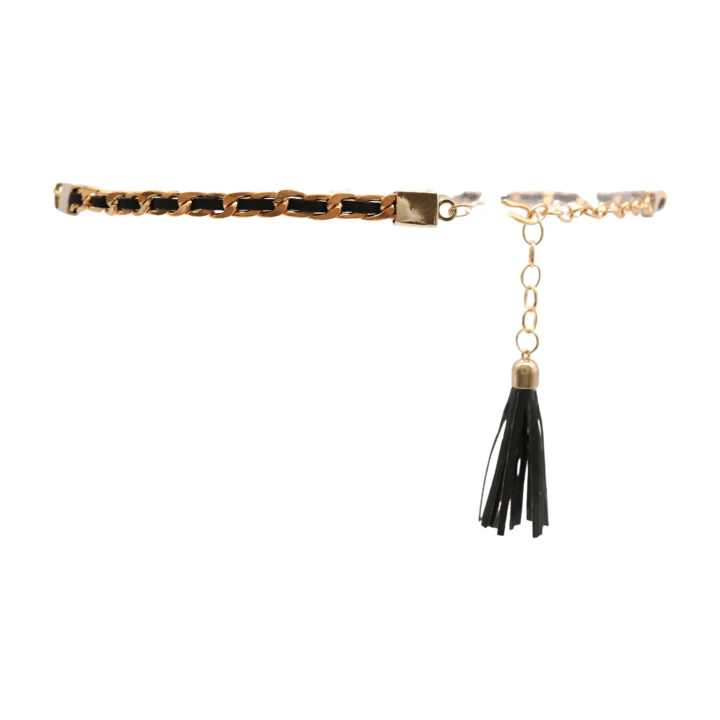 Black Tassel Skinny Waistband Belt Gold Metal Chain Links M L