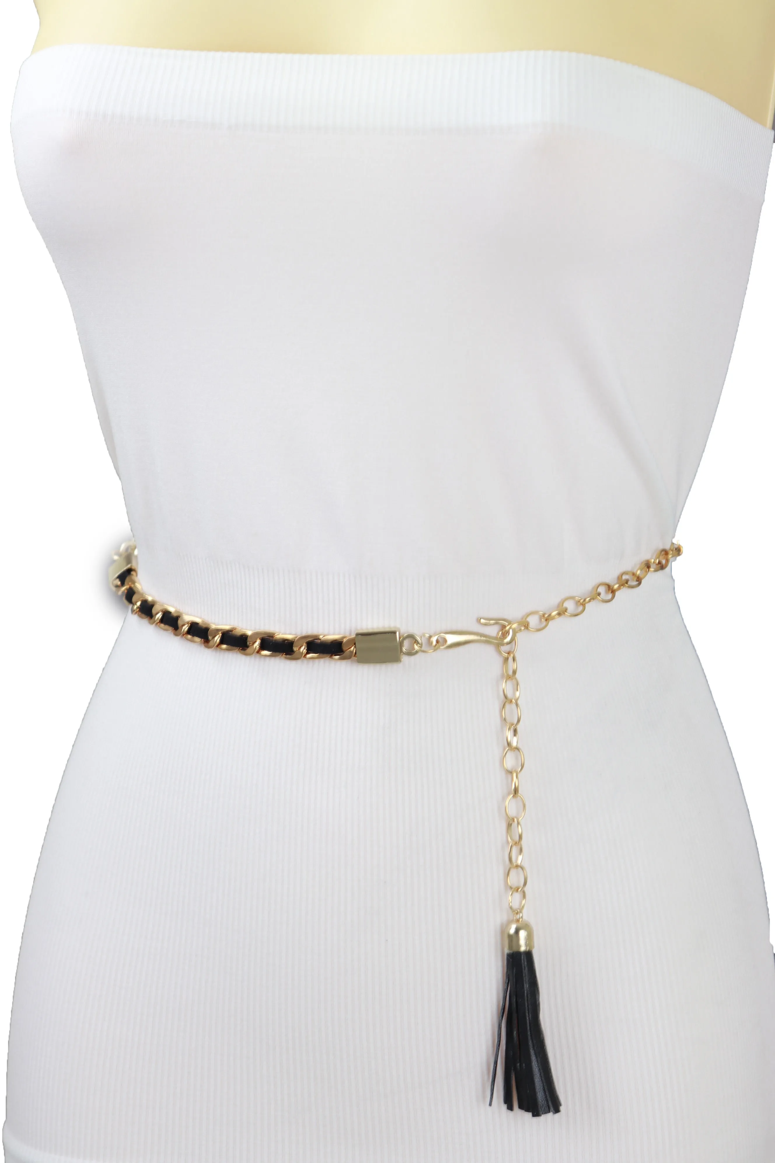 Black Tassel Skinny Waistband Belt Gold Metal Chain Links M L