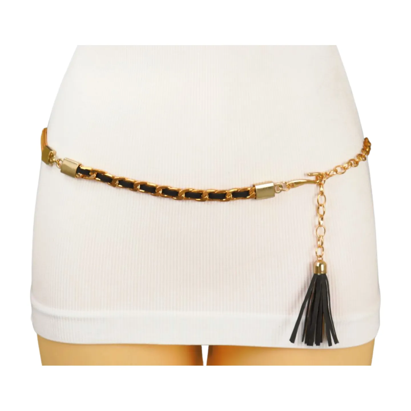 Black Tassel Skinny Waistband Belt Gold Metal Chain Links M L