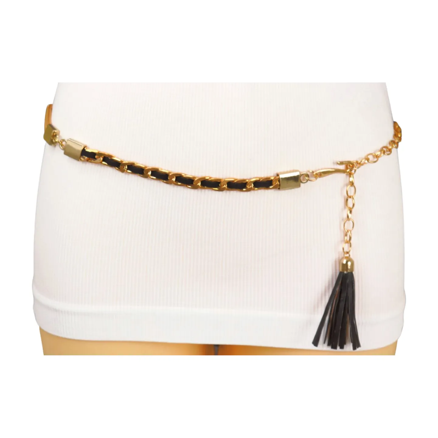 Black Tassel Skinny Waistband Belt Gold Metal Chain Links M L