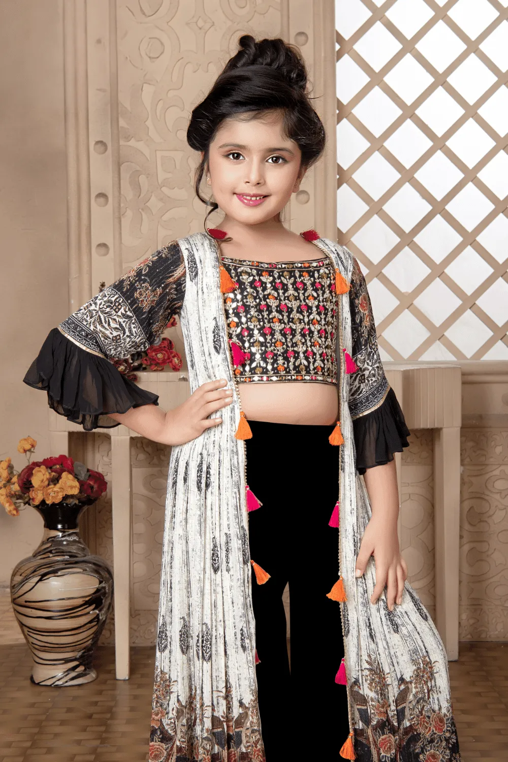 Black with Cream Mirror, Zardozi, Zari, Beads and Thread work Overcoat Styled Palazzo Set For Girls