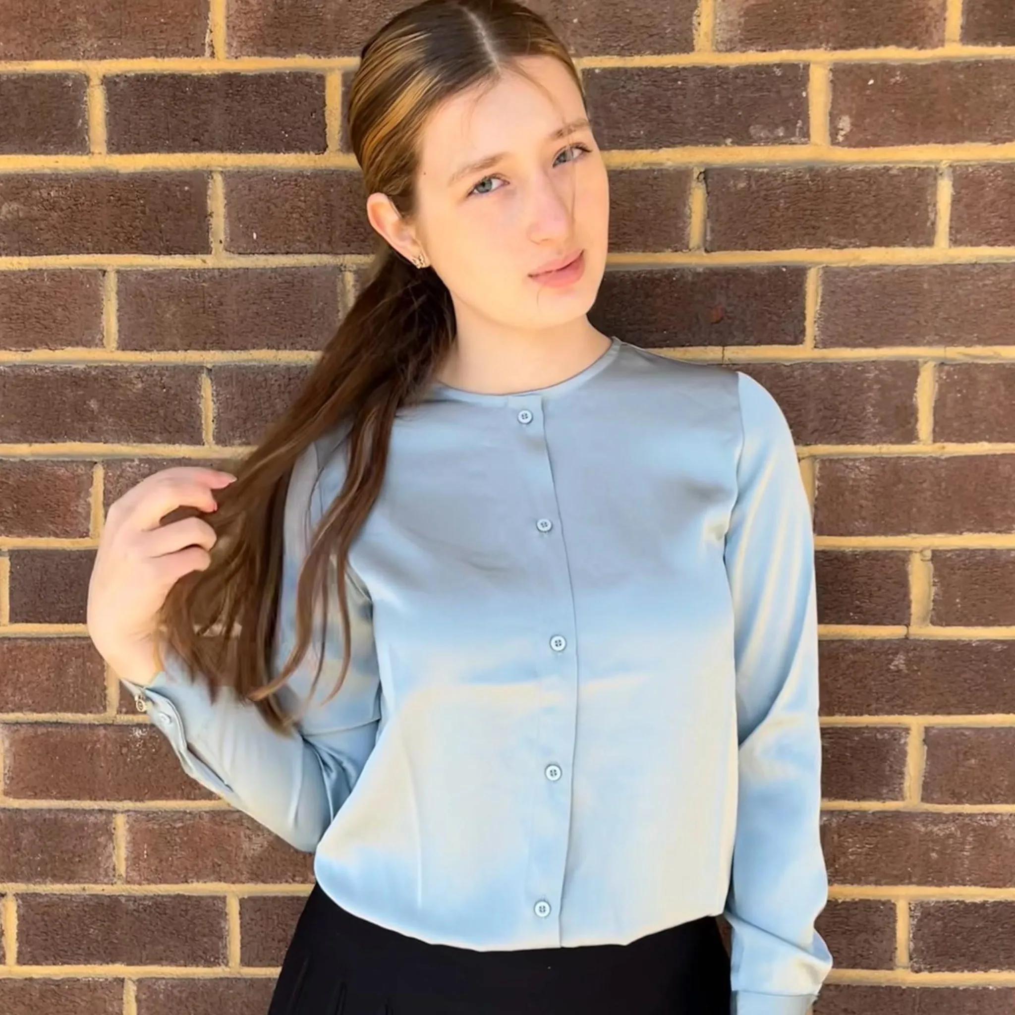 Blue Easy Snap  Silky Top by Lilac Teen