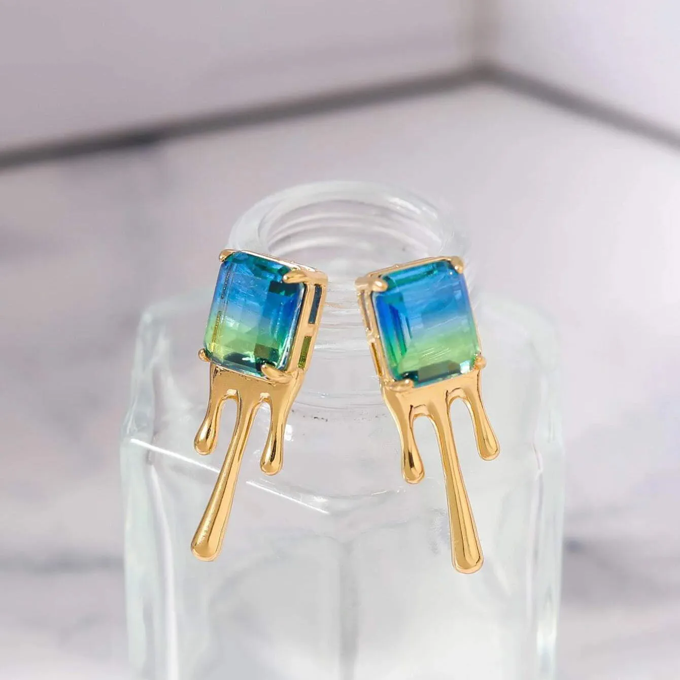 Blue Green Crystal 18K Frosted Gold Stud Earring Pair for Women