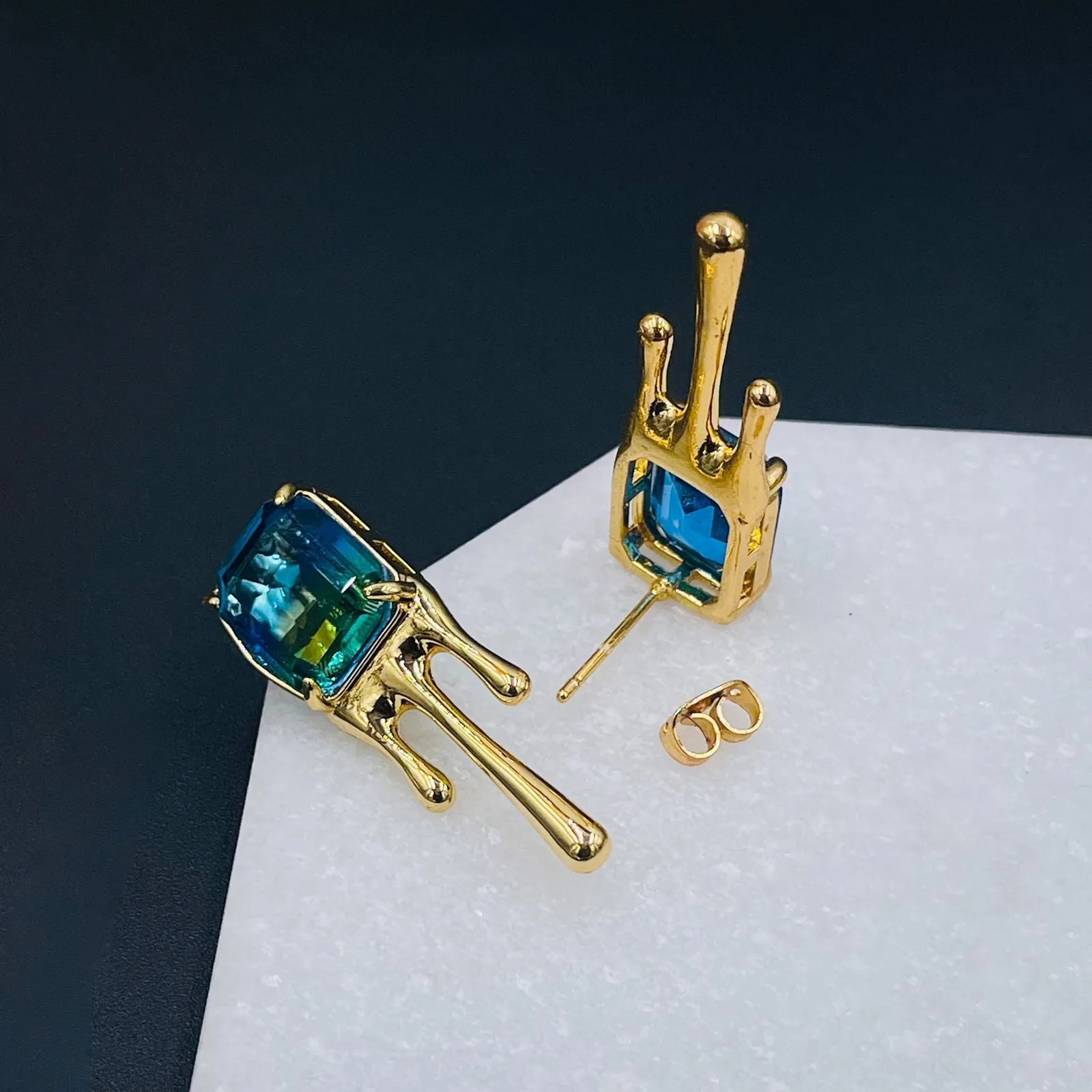 Blue Green Crystal 18K Frosted Gold Stud Earring Pair for Women