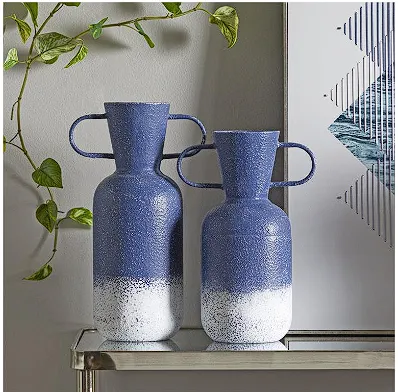 BLUE METAL VASE WITH HANDLES