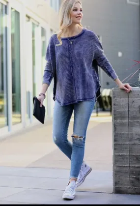 Blue Waffle Knit Relaxed Fit Long Sleeve Top