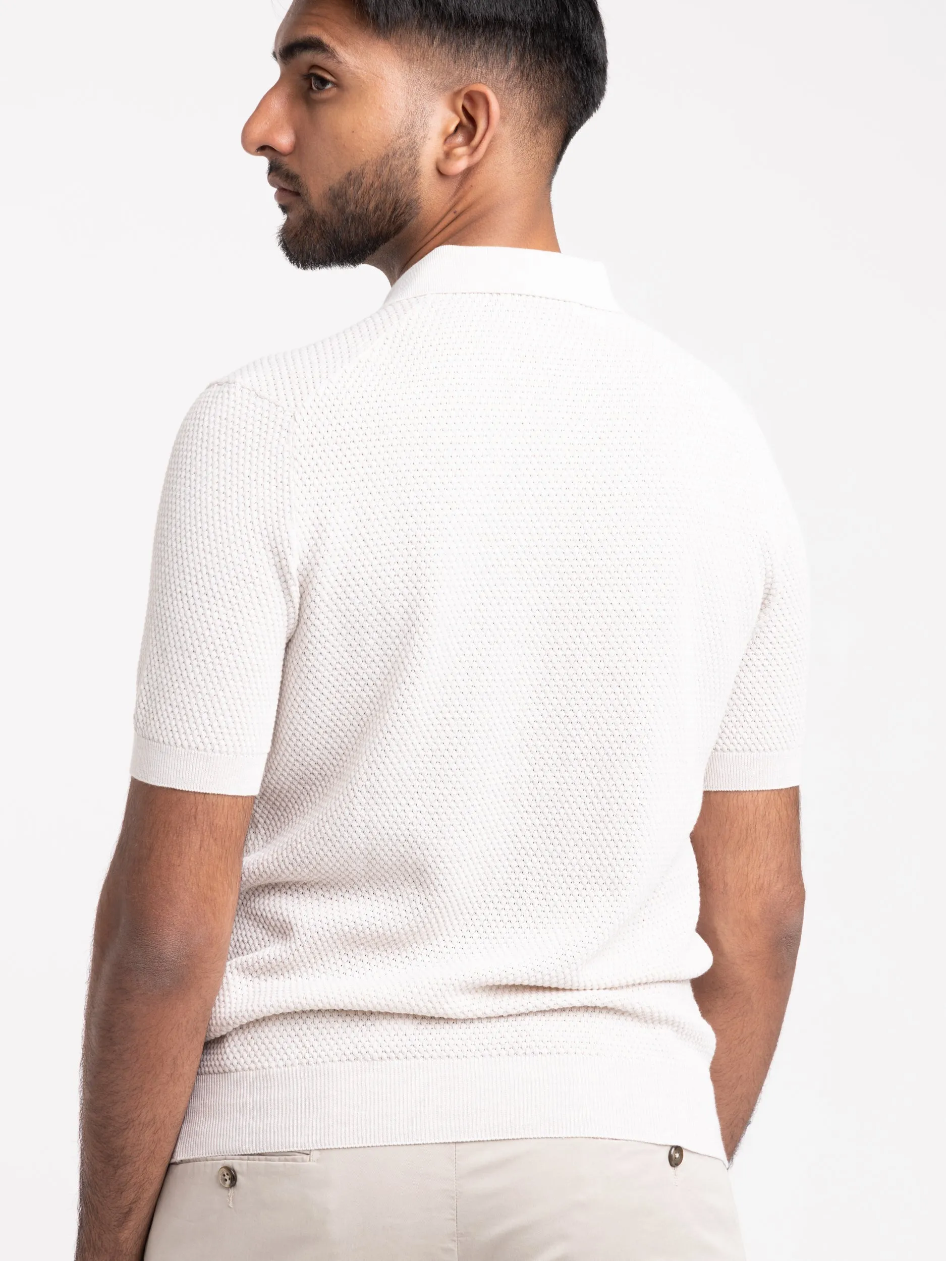 Bone White Waffle Knit Polo Shirt