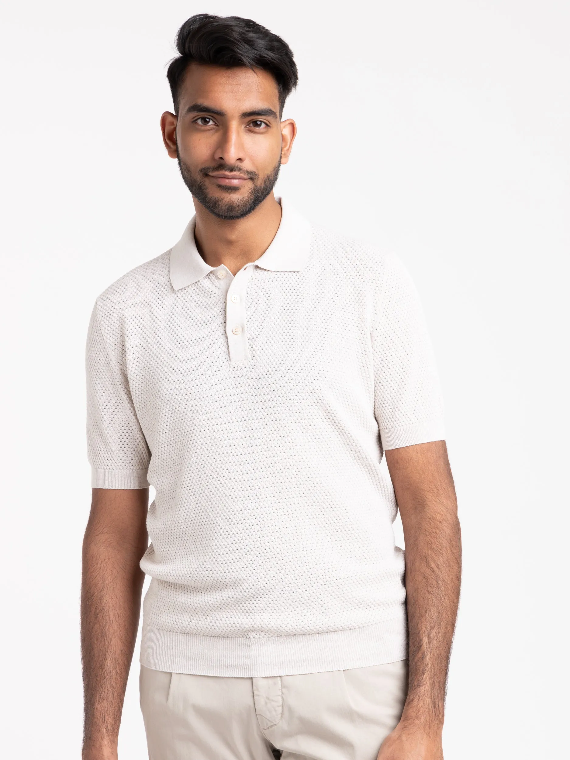 Bone White Waffle Knit Polo Shirt