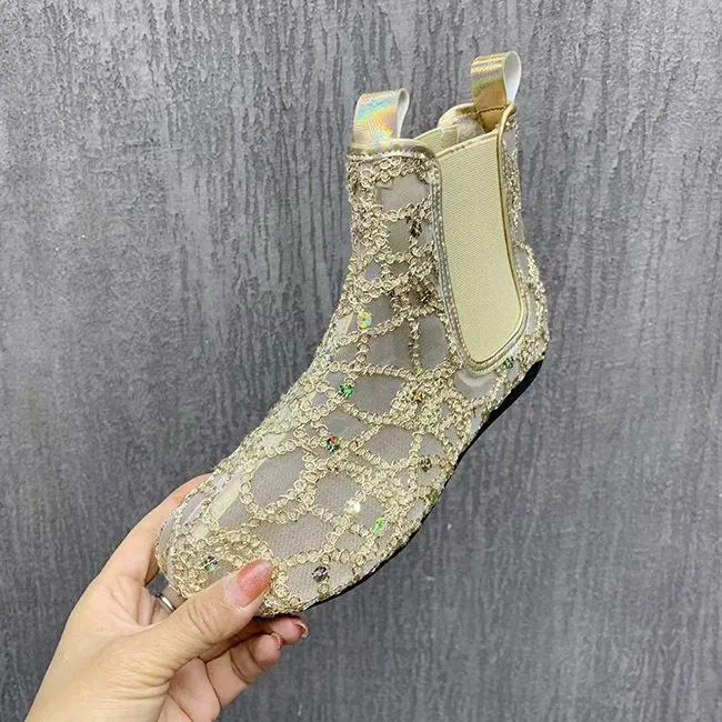 Breathable mesh gold thread sequin round toe nude boots