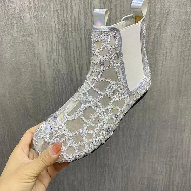 Breathable mesh gold thread sequin round toe nude boots