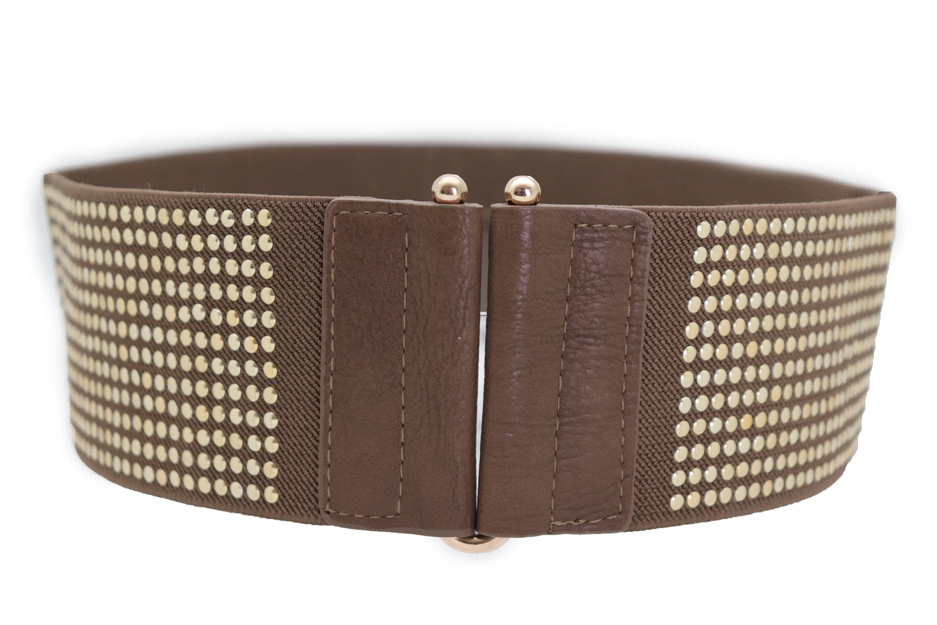 Brown Elastic Waistband Fashion Belt High Waist Hip Metal Dots Size S M