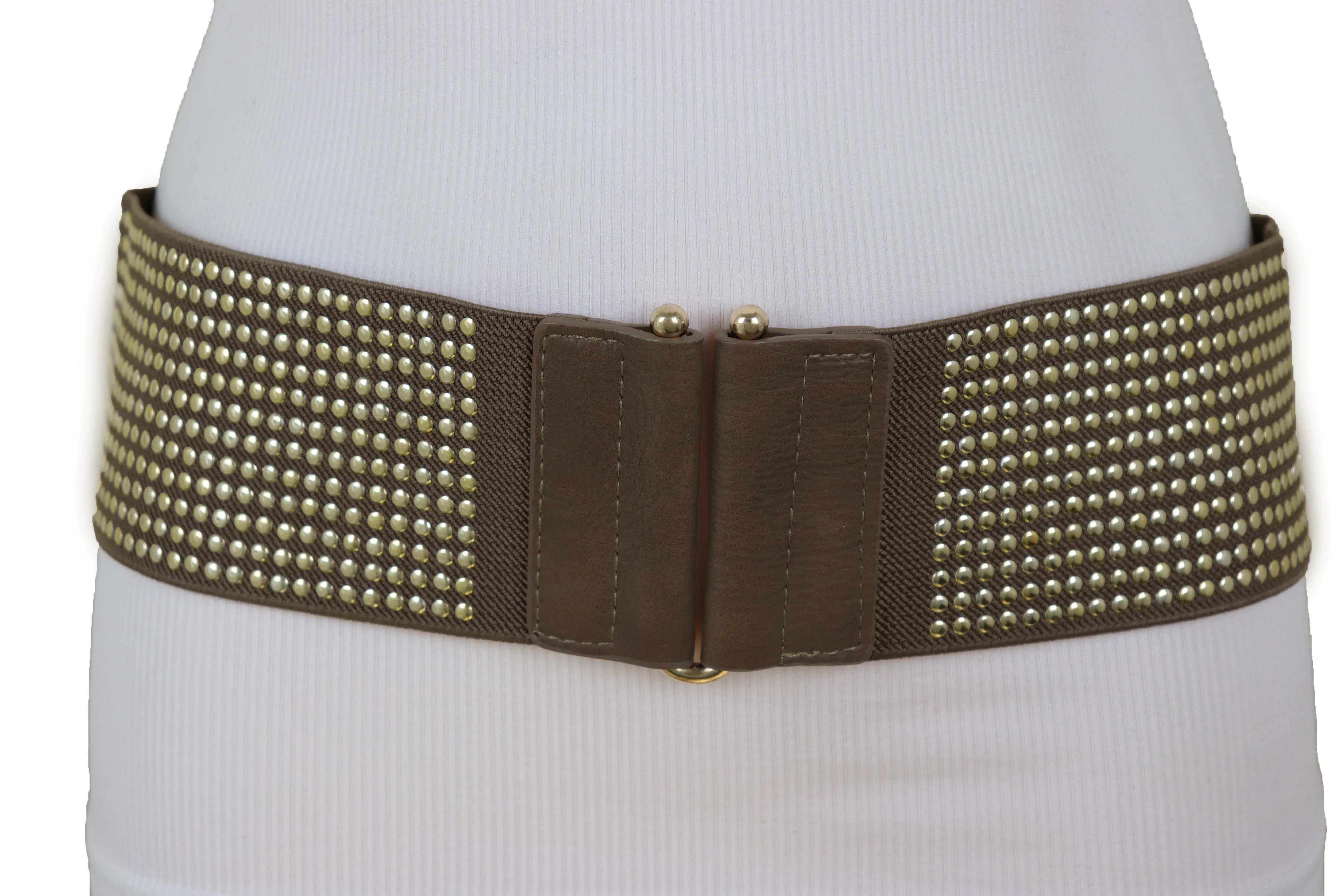 Brown Elastic Waistband Fashion Belt High Waist Hip Metal Dots Size S M