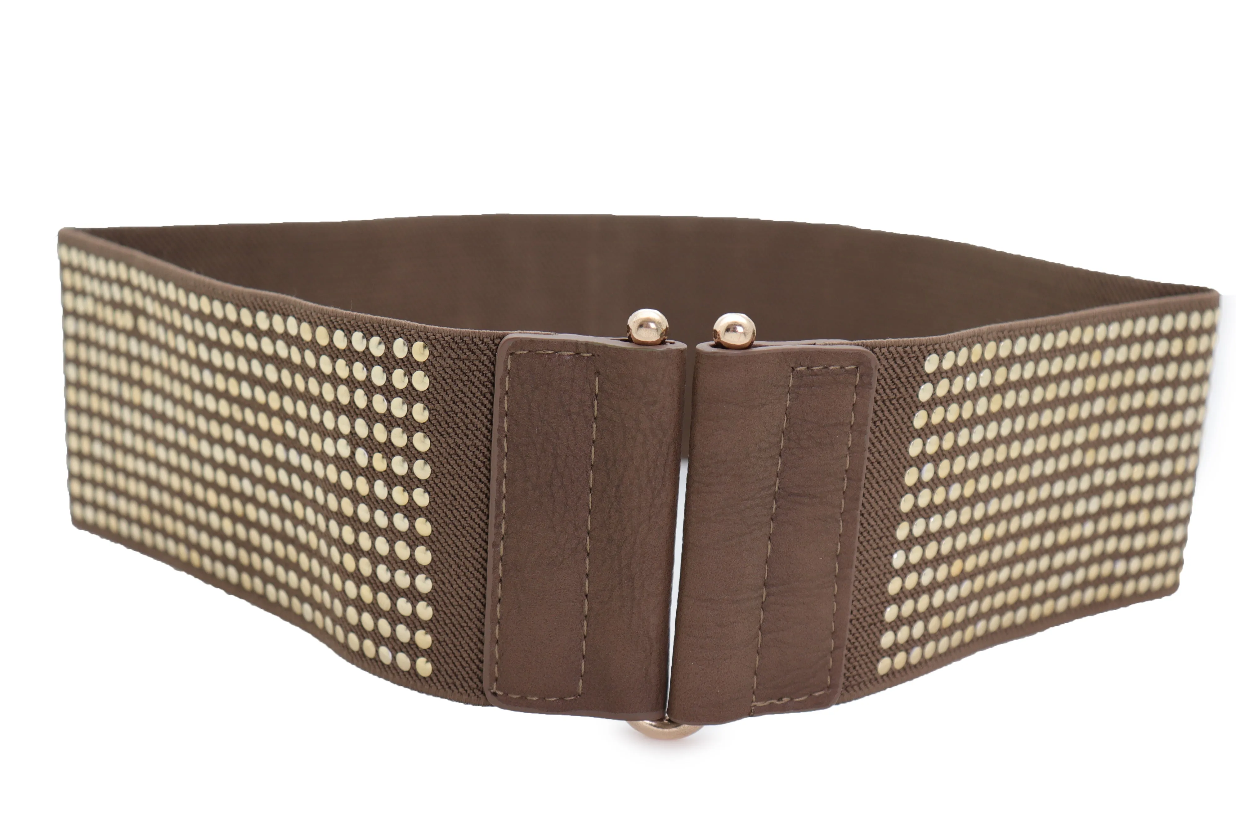 Brown Elastic Waistband Fashion Belt High Waist Hip Metal Dots Size S M