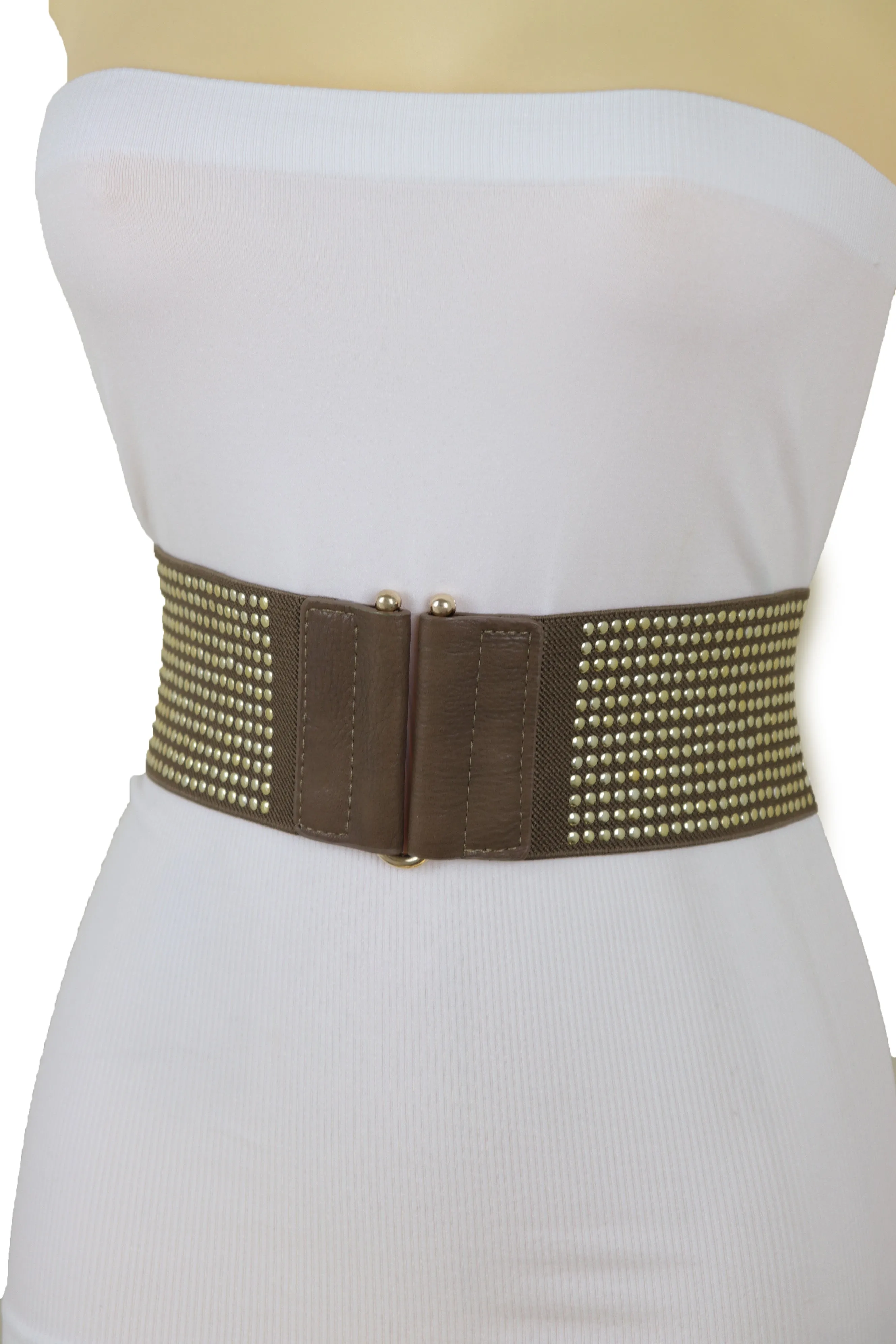 Brown Elastic Waistband Fashion Belt High Waist Hip Metal Dots Size S M