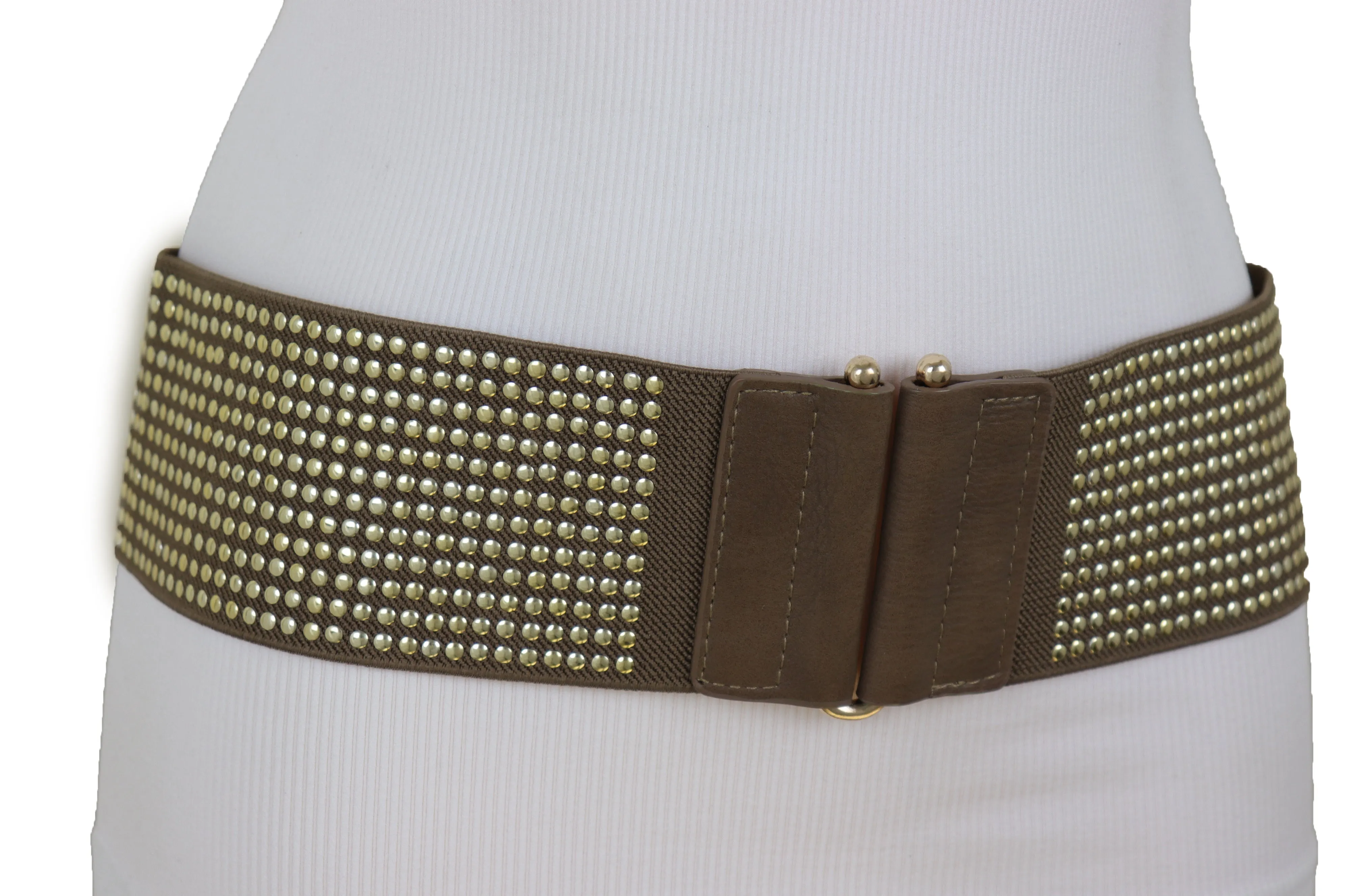 Brown Elastic Waistband Fashion Belt High Waist Hip Metal Dots Size S M