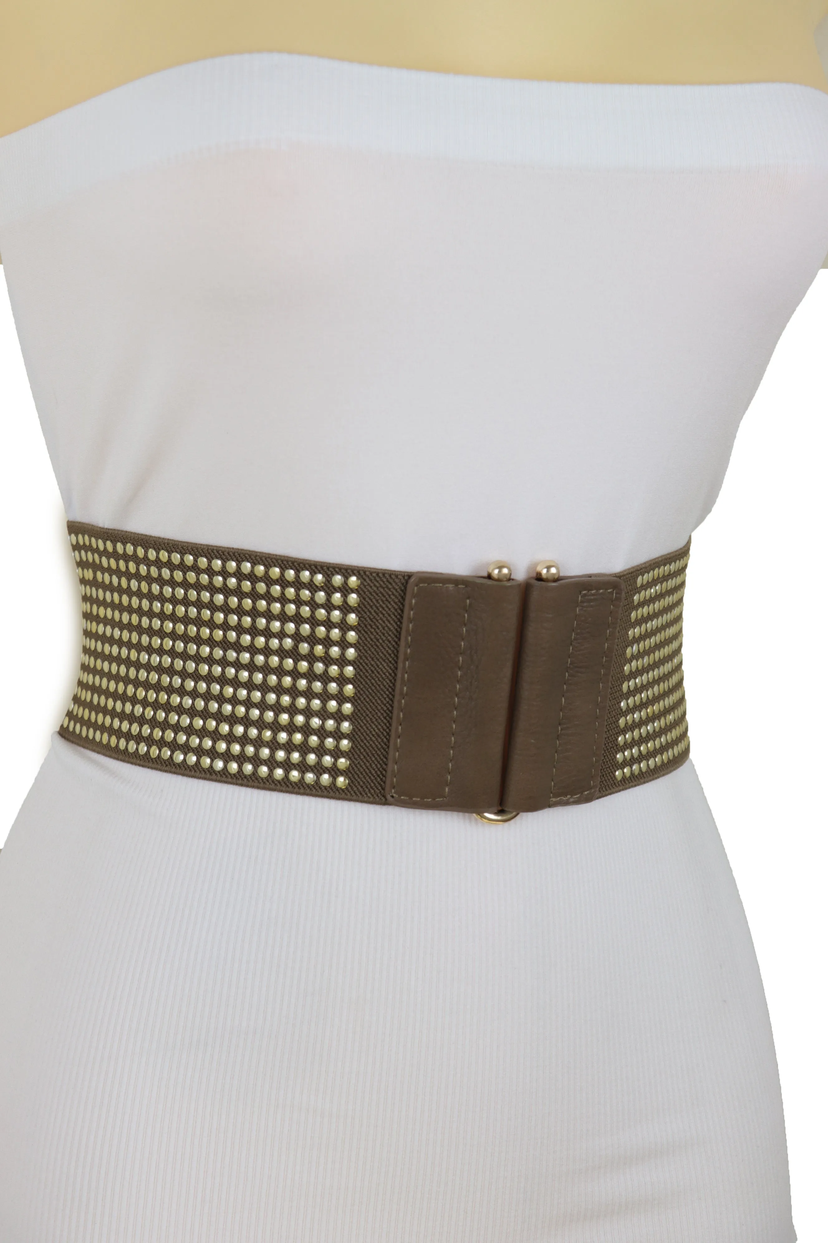 Brown Elastic Waistband Fashion Belt High Waist Hip Metal Dots Size S M