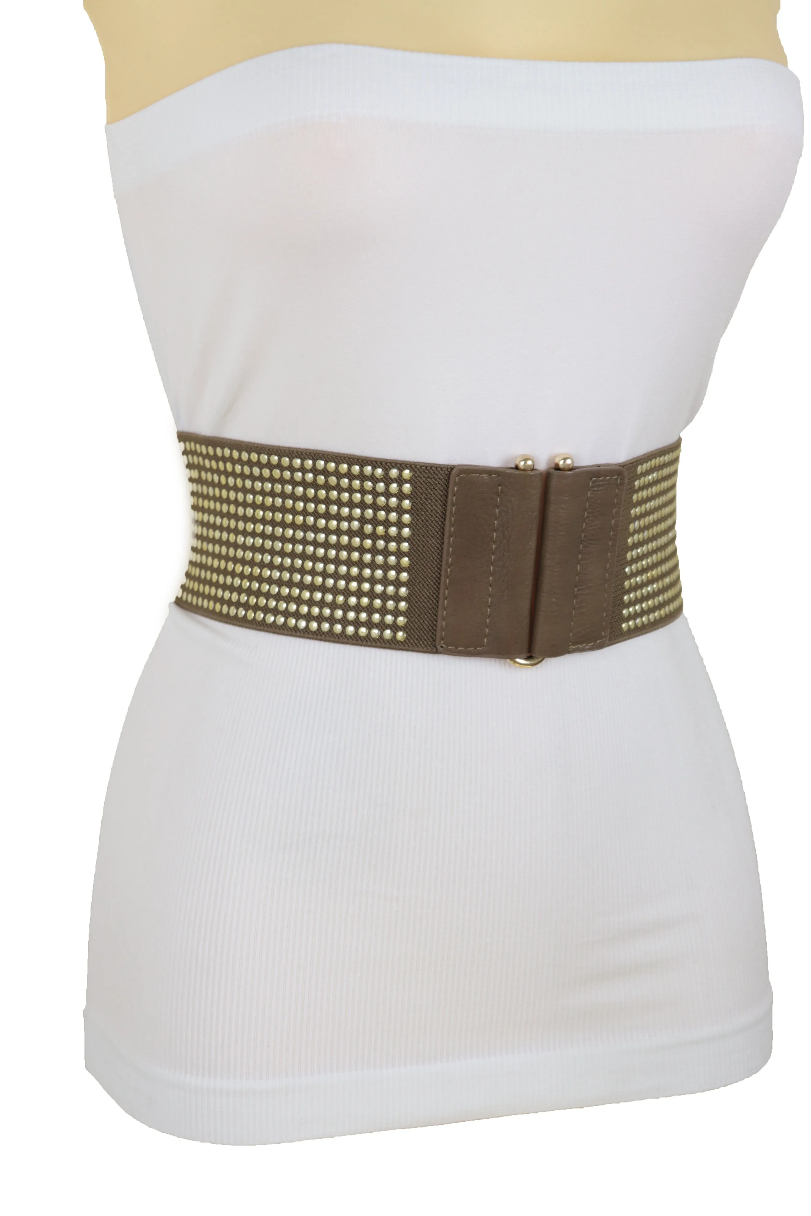 Brown Elastic Waistband Fashion Belt High Waist Hip Metal Dots Size S M