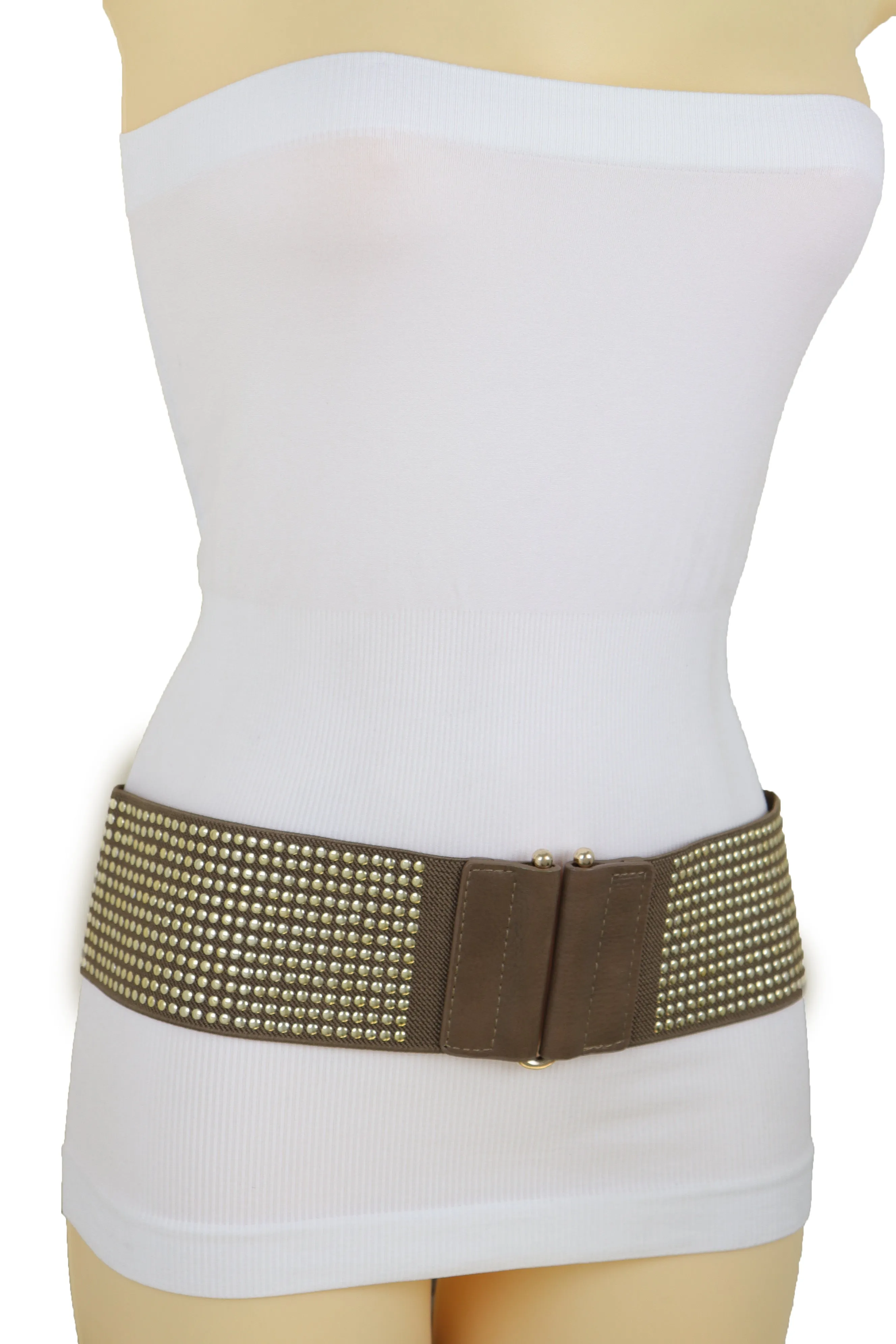 Brown Elastic Waistband Fashion Belt High Waist Hip Metal Dots Size S M