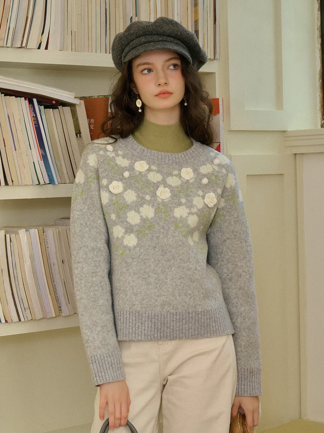 Brynleigh Ribbed Crew Neck Jacquard Rose & 3D Rose Sweater