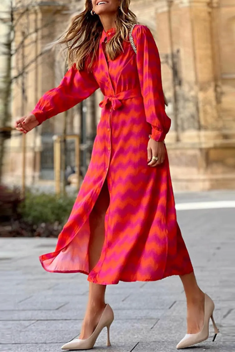 Casual Print Patchwork Turndown Collar Long Dress Dresses