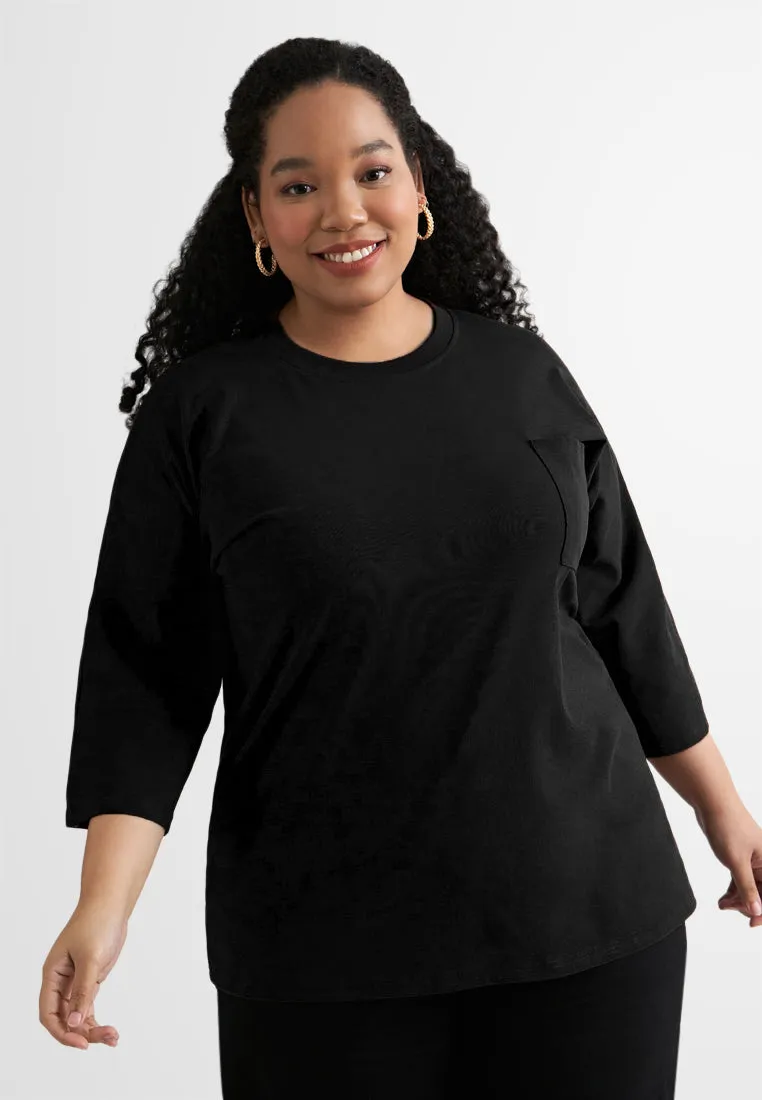 Cavina CLASSIC FINE 3/4 Sleeves Boxy Tee - Black