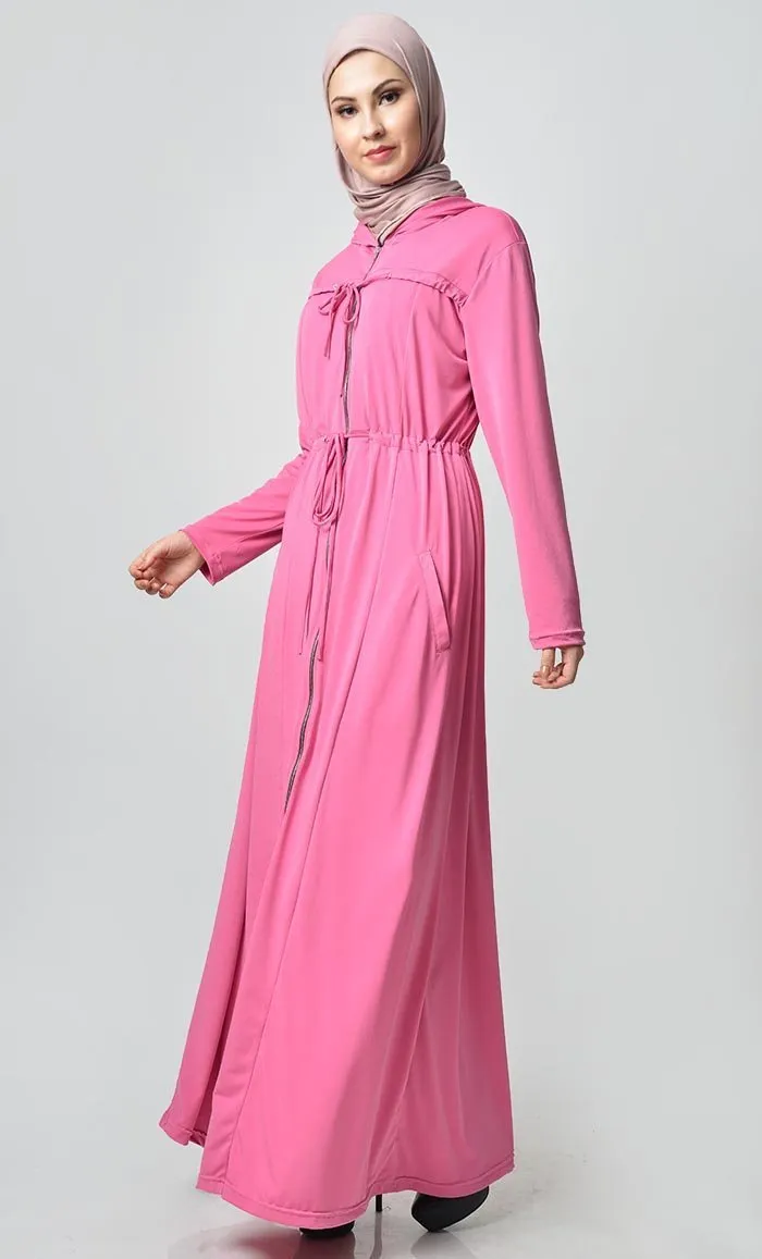 Comfy Hooded Front Zipper Poly Jersey Abaya