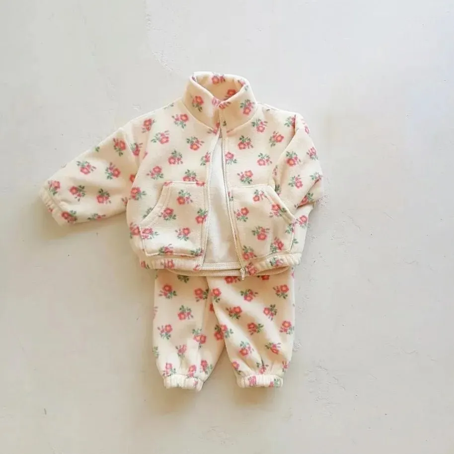 Cozy Floral Fleece Tracksuit for Girls - Kids Sizes 6M-4Y