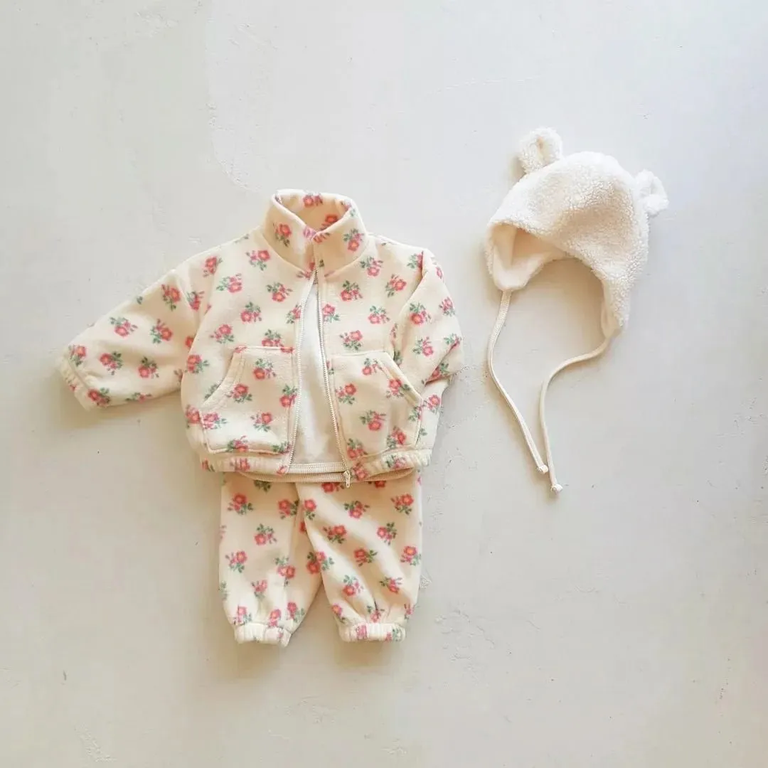 Cozy Floral Fleece Tracksuit for Girls - Kids Sizes 6M-4Y