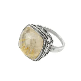 Cushion Cut Cocktail Ring in Rutilated Quartz & Antiqued Sterling