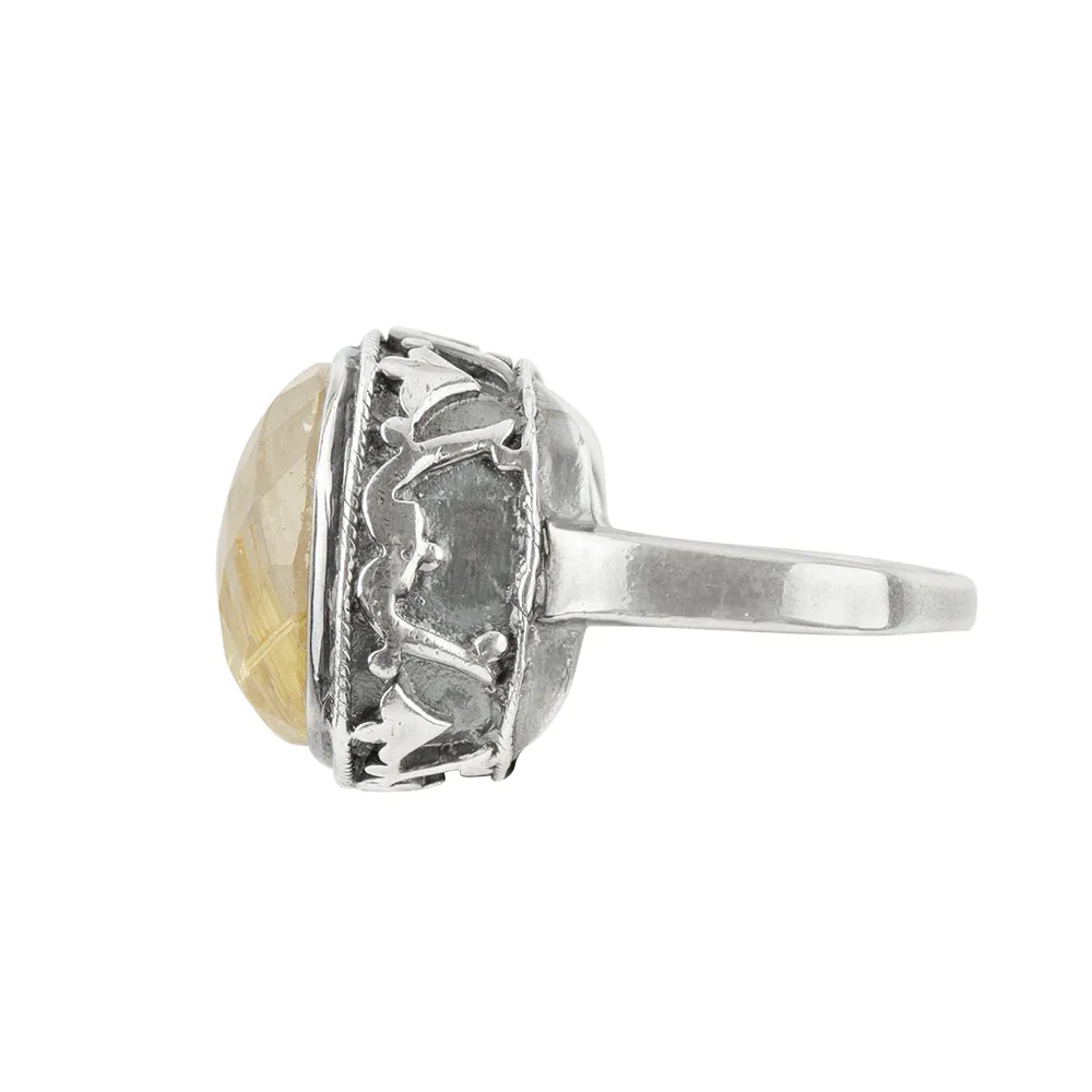 Cushion Cut Cocktail Ring in Rutilated Quartz & Antiqued Sterling