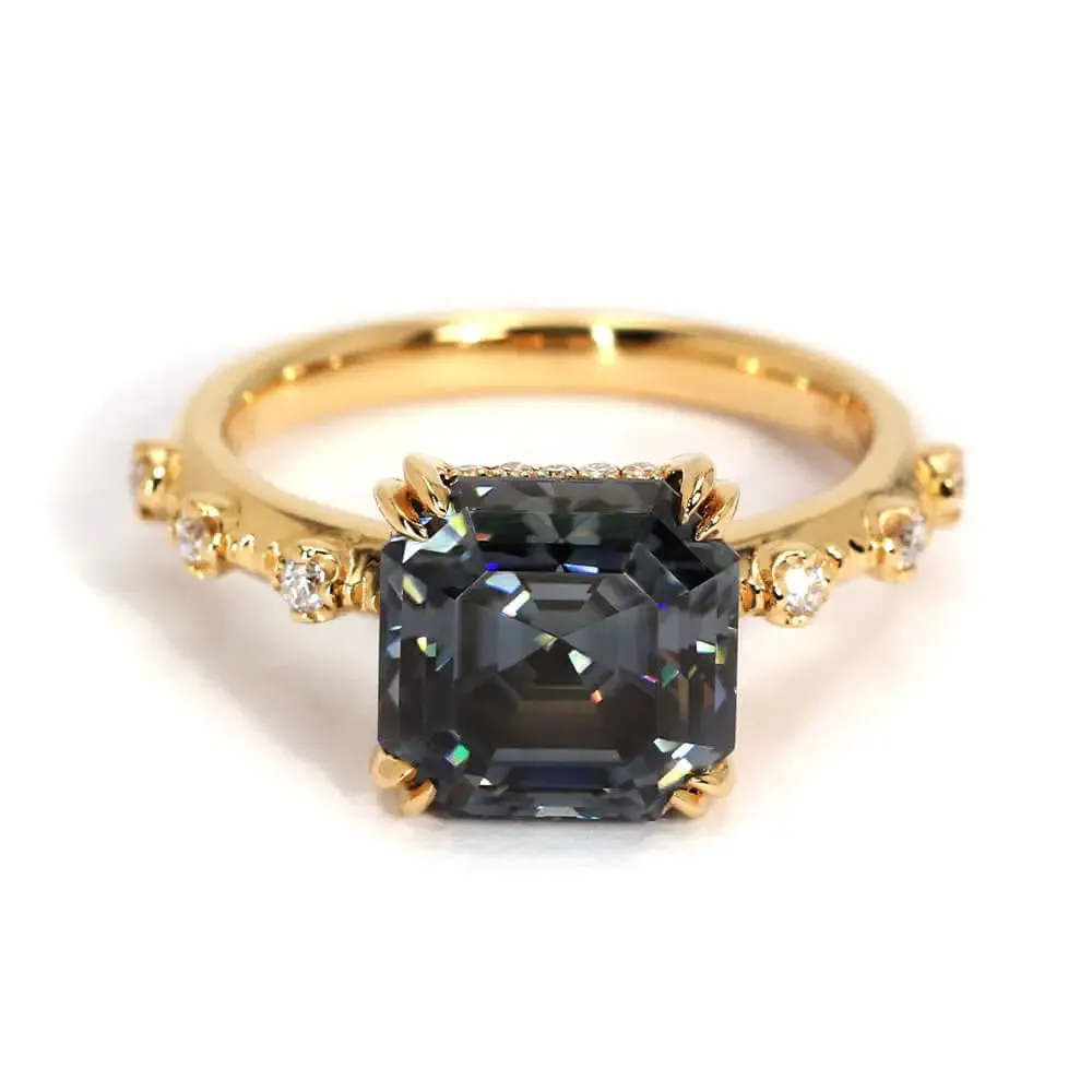 Diana Asscher Cut Blue Grey Moissanite Ring in 18K gold