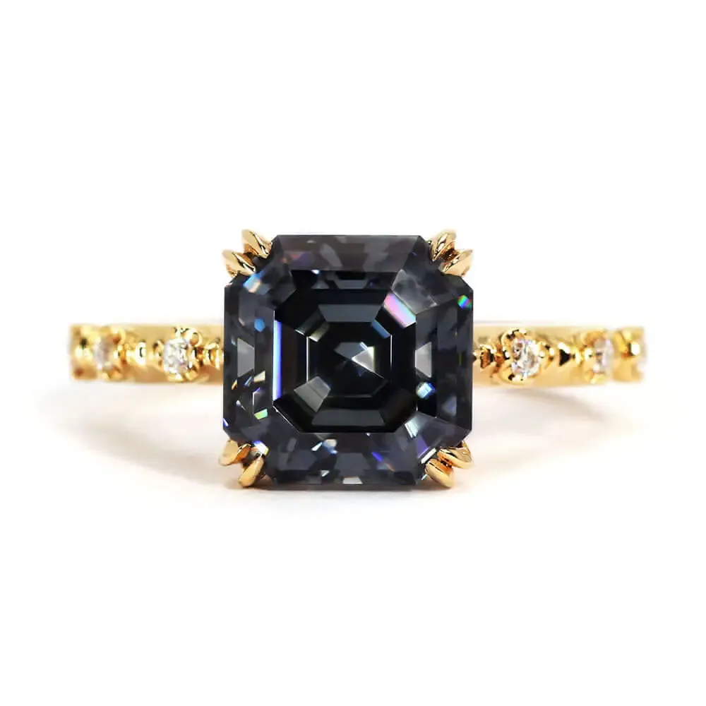 Diana Asscher Cut Blue Grey Moissanite Ring in 18K gold