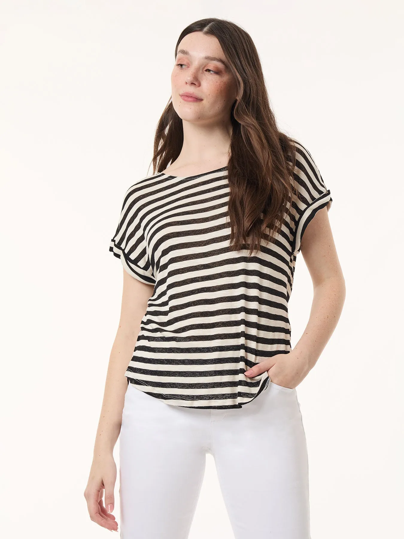 Drop Shoulder Jewel Neck Top, Striped Knit