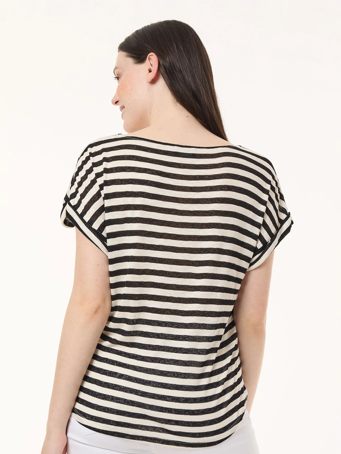 Drop Shoulder Jewel Neck Top, Striped Knit